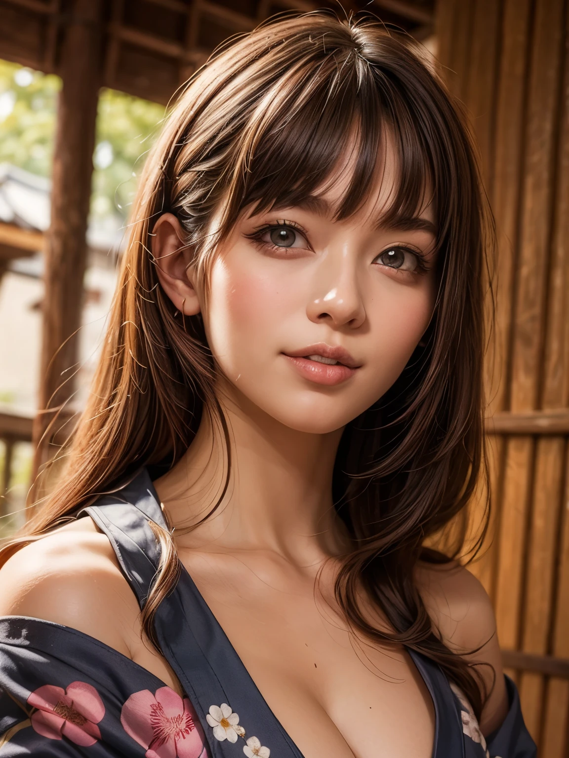 (1 young girl), very cute face, wonderful face and eyes, (highly detailed eyes, highly detailed face), Fresh, very beautiful appearance, (超realistic, High resolution), (highest quality:1.4), RAW photo, (realistic, Photoreal:1.37), professional photography, (floral pattern yukata:1.5), (Open yukata), (cleavage:1.2), (bare shoulders), smile a little, (look at me), Bedroom, girl portrait,