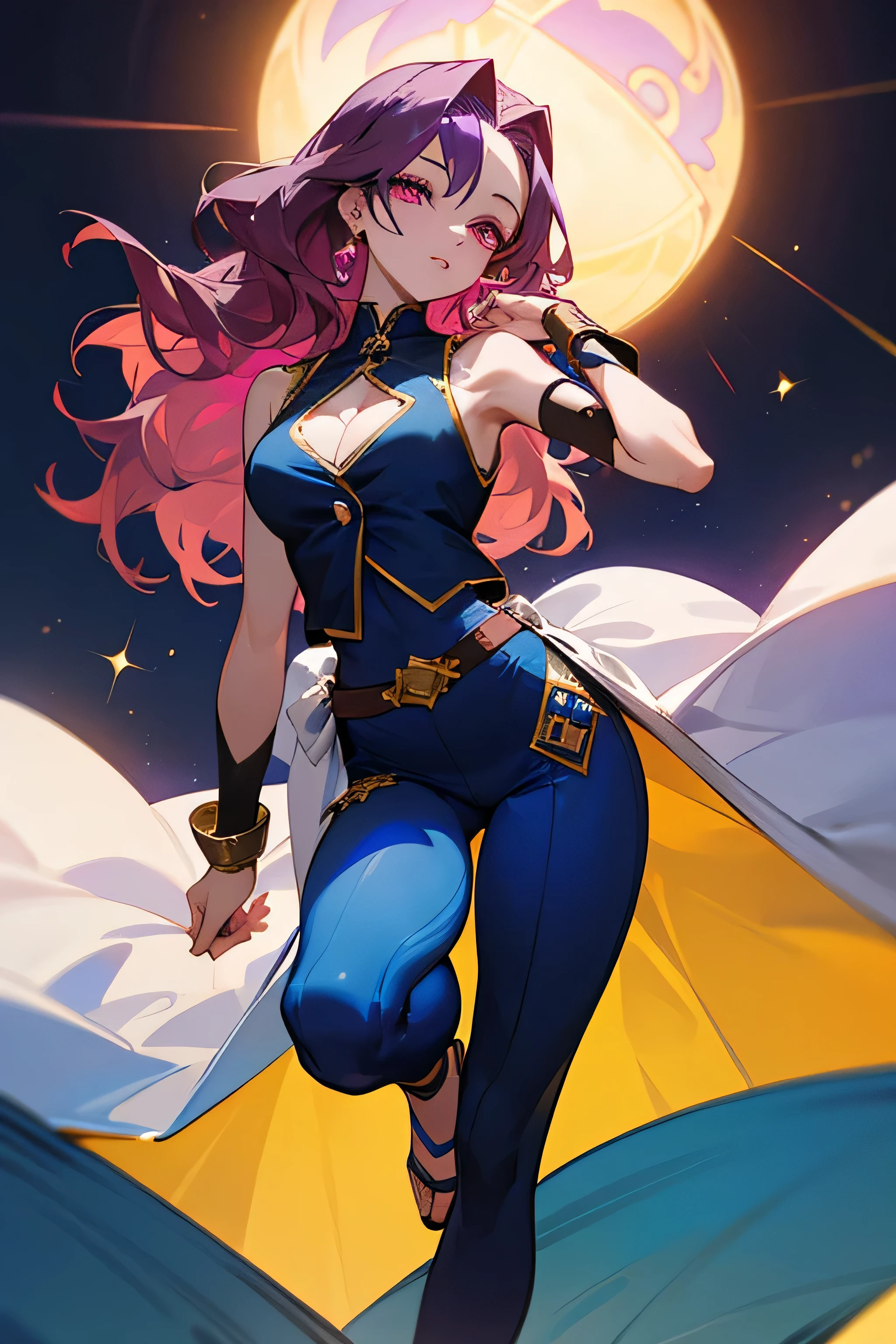 beautiful young woman, wavy violet hair that partially covers her left eye. she has pale skin and a beautiful build, with reddish-pink eyes with a yellow ring around the pupils. she wears a black vest with a diamond cutout on front and another cutout on her side, white buttons down the middle, with a gold ornament on top with a purple jewel in its center. she has dark blue pants, with golden sandals and arm braces with blue gems. she wears a blue cloth around her right shoulder and a sleeveless white cloth around her left, held by a black belt at her waist. There are straps wrapped around both her thigh and her arm.

