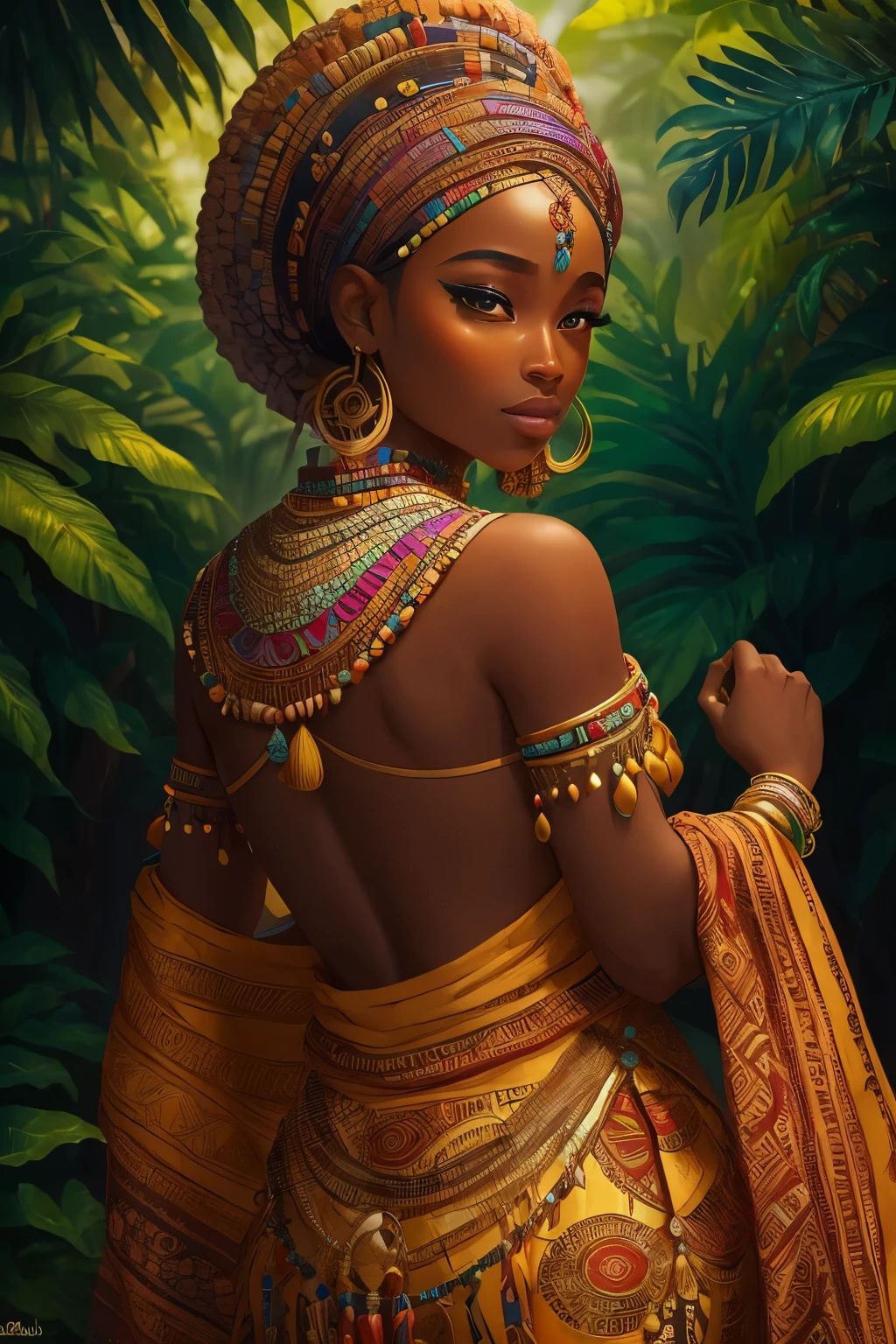 Behold a stunning ultrarealistic image capturing the essence of a Black woman proudly donning traditional attire, celebrating the rich diversity of African cultures. The vibrant ensemble exhibits intricate tribal prints, symbolizing the unique heritage and history of various African communities. The sun-kissed skin of the woman glows against the lush, green background, creating a serene and enchanting scene.
Her attire is adorned with bright colors and captivating accessories, which hold deep cultural significance, such as beads, shells, and woven textiles. The intricate patterns on her clothing refer to the rich tapestry of African mythology and history, transporting