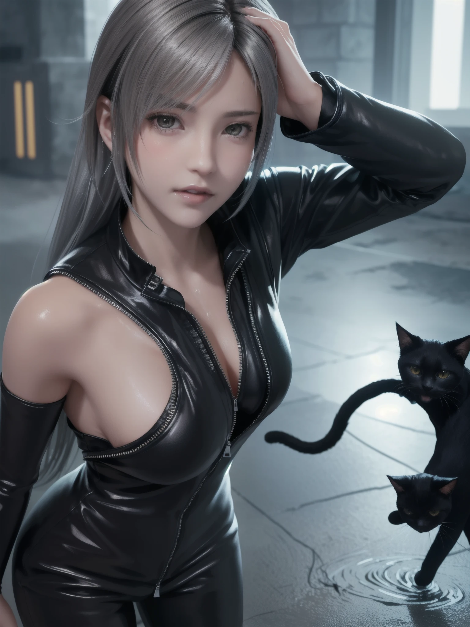 (Top Quality, Masterpiece: 1.1), (Realistic: 1.3), BREAK (((FF7,Tifa_lockhart))),(tifa_lockhart and monsters),(A dark, barely lit torture chamber:1.3,wet:1.2,night:1.1),(face focus:1.1),  BREAK (((FF7,Tifa_lockhart))),(Light Brown Hair, Large breasts: 1.2),(black catsuit:1.3,silver zip,zip down:1.8), BREAK (((FF7,Tifa_lockhart))),(shiny oiled skin: 1.1),(crowd of monster:1.3),(many monsters:1.2),  ((stringy viscous liquid)),(no bra),(no panties),wet hair, about 18 years old,sensual,  (sweat on body:1.3),( pose:1.2),hold me ,come on
