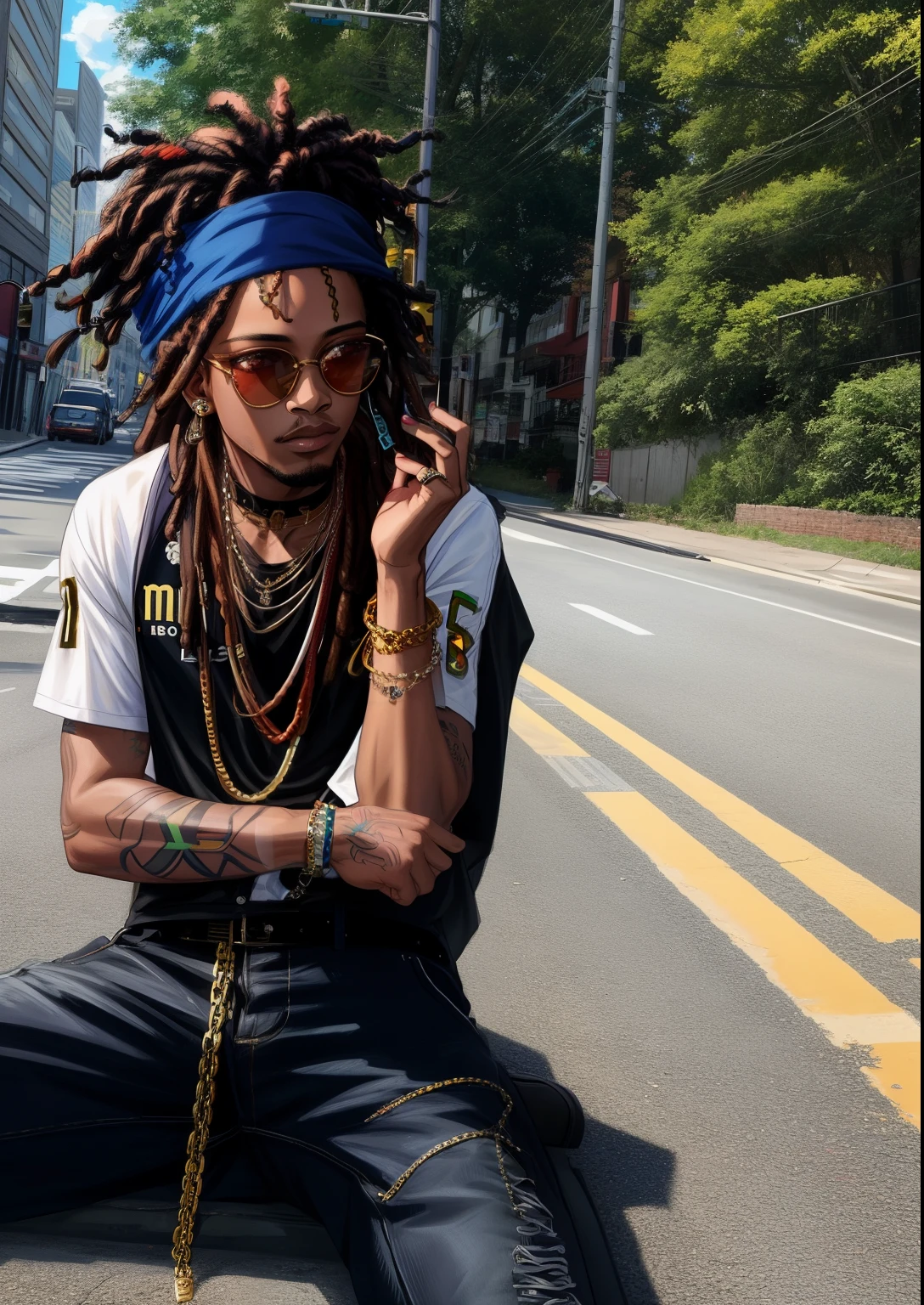 there is a man with dreads sitting on the road, xxxtentacion, trippie redd, badass pose, playboi carti, taken in the early 2020s, short dreadlocks with beads, wearing a bandana and chain, in style of tyler mitchell, cool pose, photo in style of tyler mitchell, with a cool pose, profile image