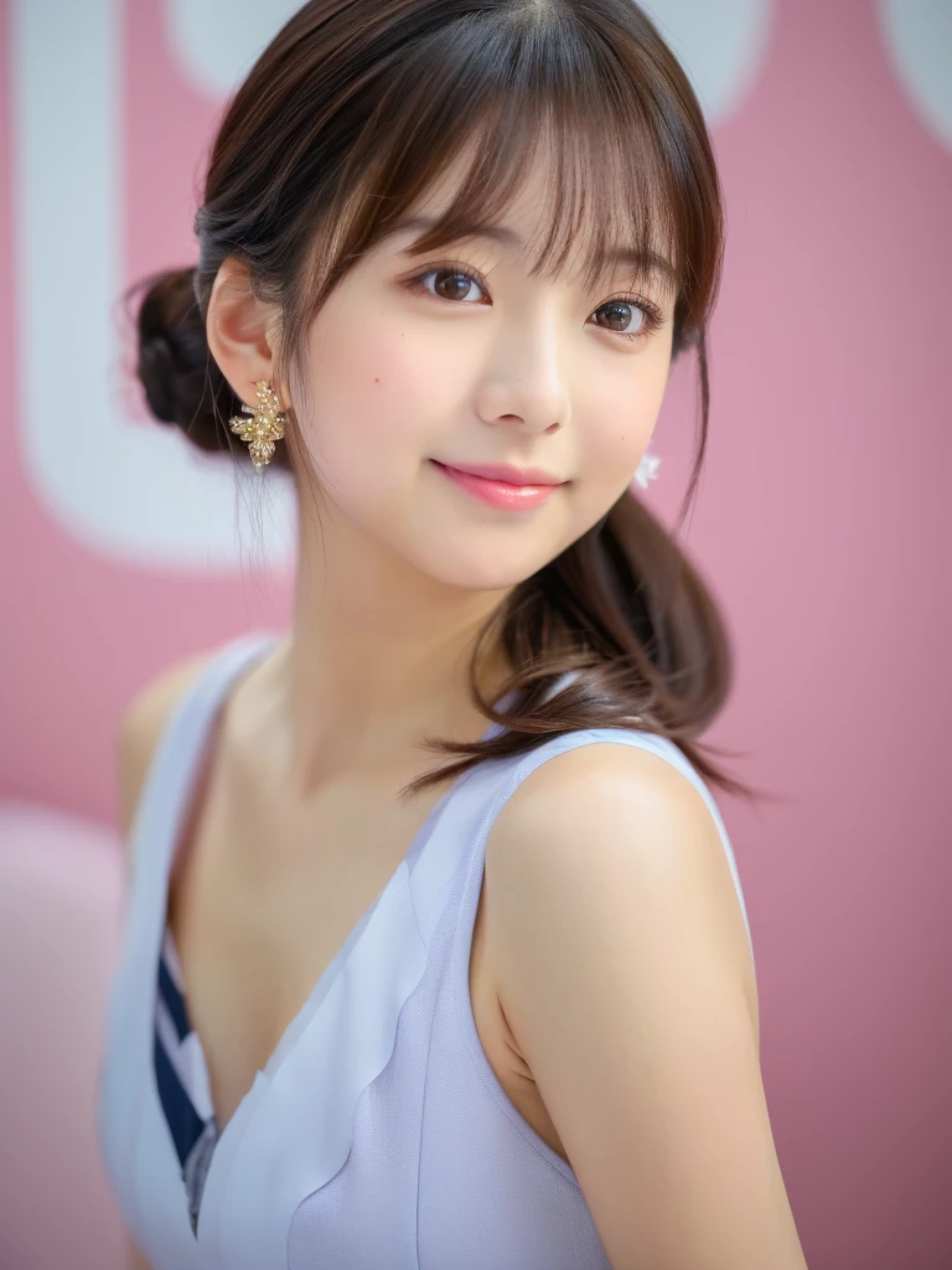 ((cute日本の女の子、beautiful japanese girl、1 girl、clear、19 years old、ponytail、Highly detailed face and skin texture、refinement、super detailed face、highly detailed eyes、Lee Hong、blush、cheek、ピンクのcheekを塗ったcheek、close-up of woman、 from the neck up、upper body only、Close to the camera、 positive face、Forward-facing body、look at the camera、front、cute、smooth white skin、Transparent skin texture、))、(dark brown hair、bangs)、beautiful woman with perfect style:1.4、japanese model、young gravure idol、若いcuteグラビアアイドル、Realistic young gravure idol、refinementされたグラビアアイドル、((highest quality、8K、masterpiece:1.3、1photograph))、(4K、RAWphotograph、highest quality)、(realistic、フォトrealistic:1.37)、Place someone on the other side of the screen、Natural light、professional lighting、