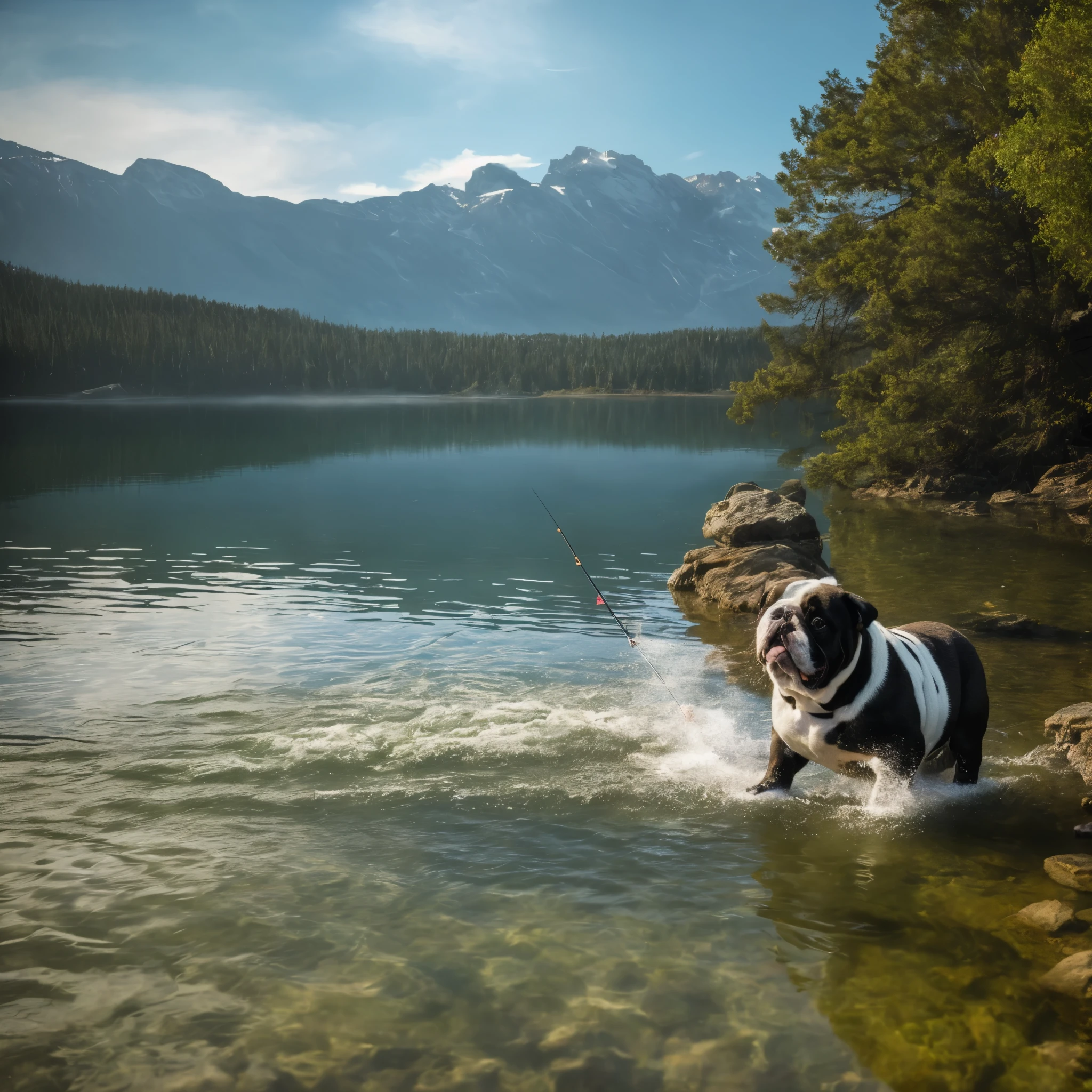 A fantasy cinematic drawing of an english bulldog fishing in the lake, fishing while looking at the camera