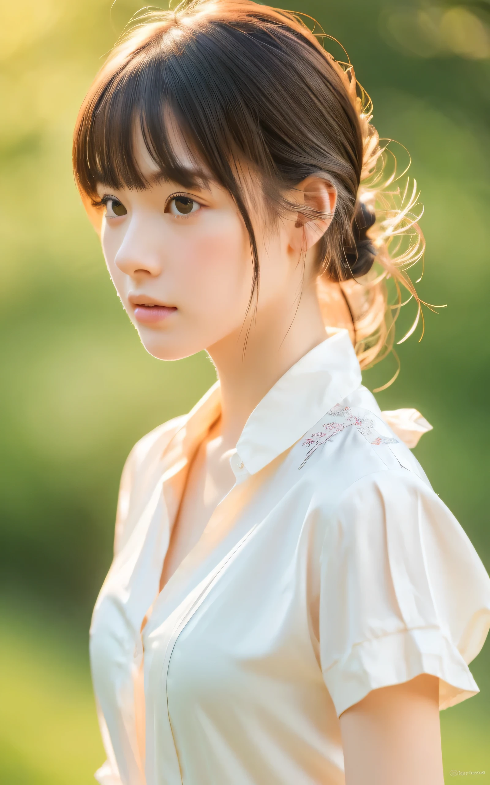 (masterpiece, highest quality, RAW photo, realistic:1.2), 1 girl, look away, sad, beautiful girl, cute, delicate girl, hair up, written boundary depth, High resolution, Super detailed, detailed, 非常にdetailedな目と顔, realistic student, sharp focus, cinematic lighting, Upper body, bangs, silk shirt,