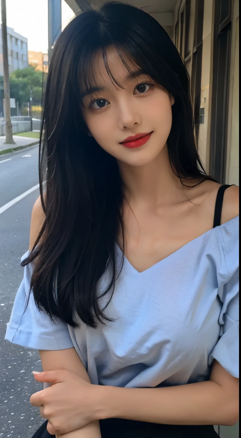 ((highest quality, 8K, masterpiece:1.3)), beautiful girl, Are standing, black straight hair, kind and cute, sweet smile, With bangs, slim figure, (front), (tilted head), Look directly at the camera, tennis wear, have smart-phone,big bust , long hair flowing over shoulders, round black big eyes, clear big eyes, moist red lips, sweet, Sitting on the side of the road, Blue sky, Inside the university building,