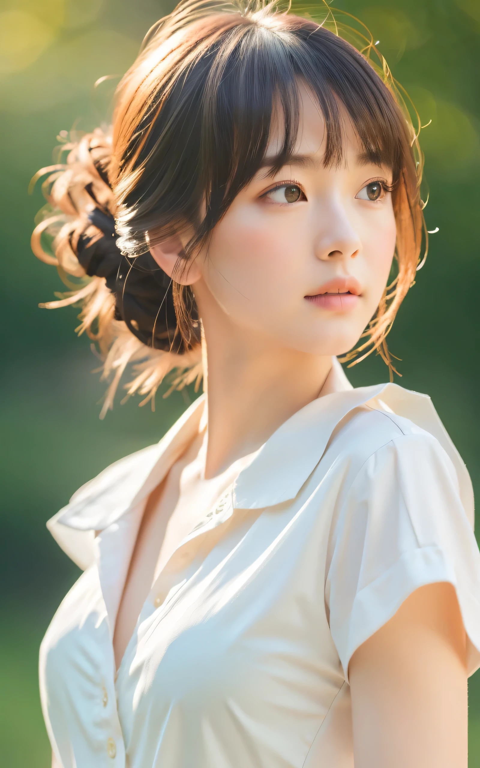 (masterpiece, highest quality, RAW photo, realistic:1.2), 1 girl, look away, sad, beautiful girl, cute, delicate girl, hair up, written boundary depth, High resolution, Super detailed, detailed, 非常にdetailedな目と顔, realistic student, sharp focus, cinematic lighting, Upper body, bangs, silk shirt,
