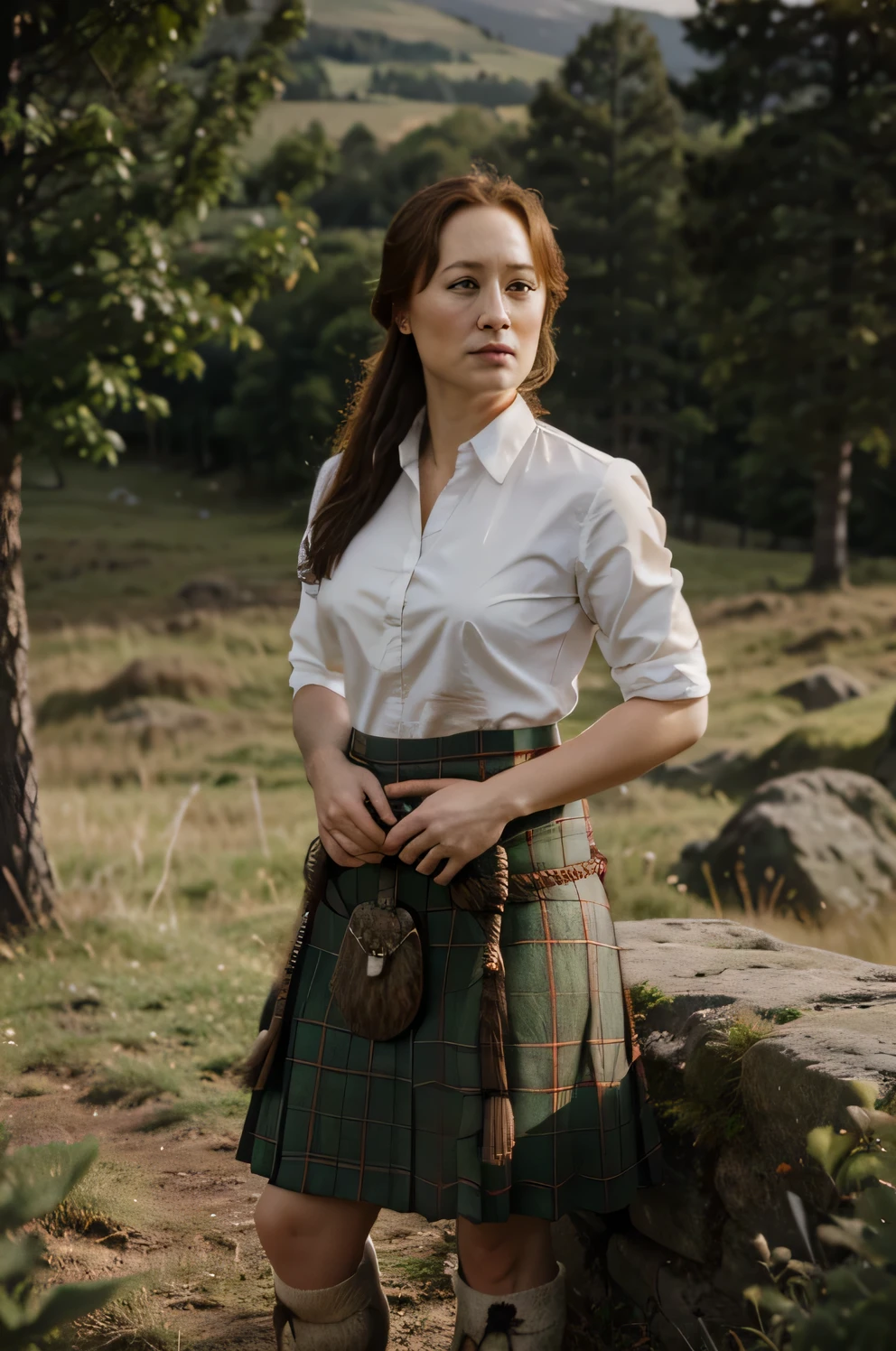 ((Jennifer Ehle)), ultra-detailed(1.4), 8k, RAW photo, best quality, (((wearing traditional highland kilt with claymore))), hillside, stormy, broadsword, highlander, tartan