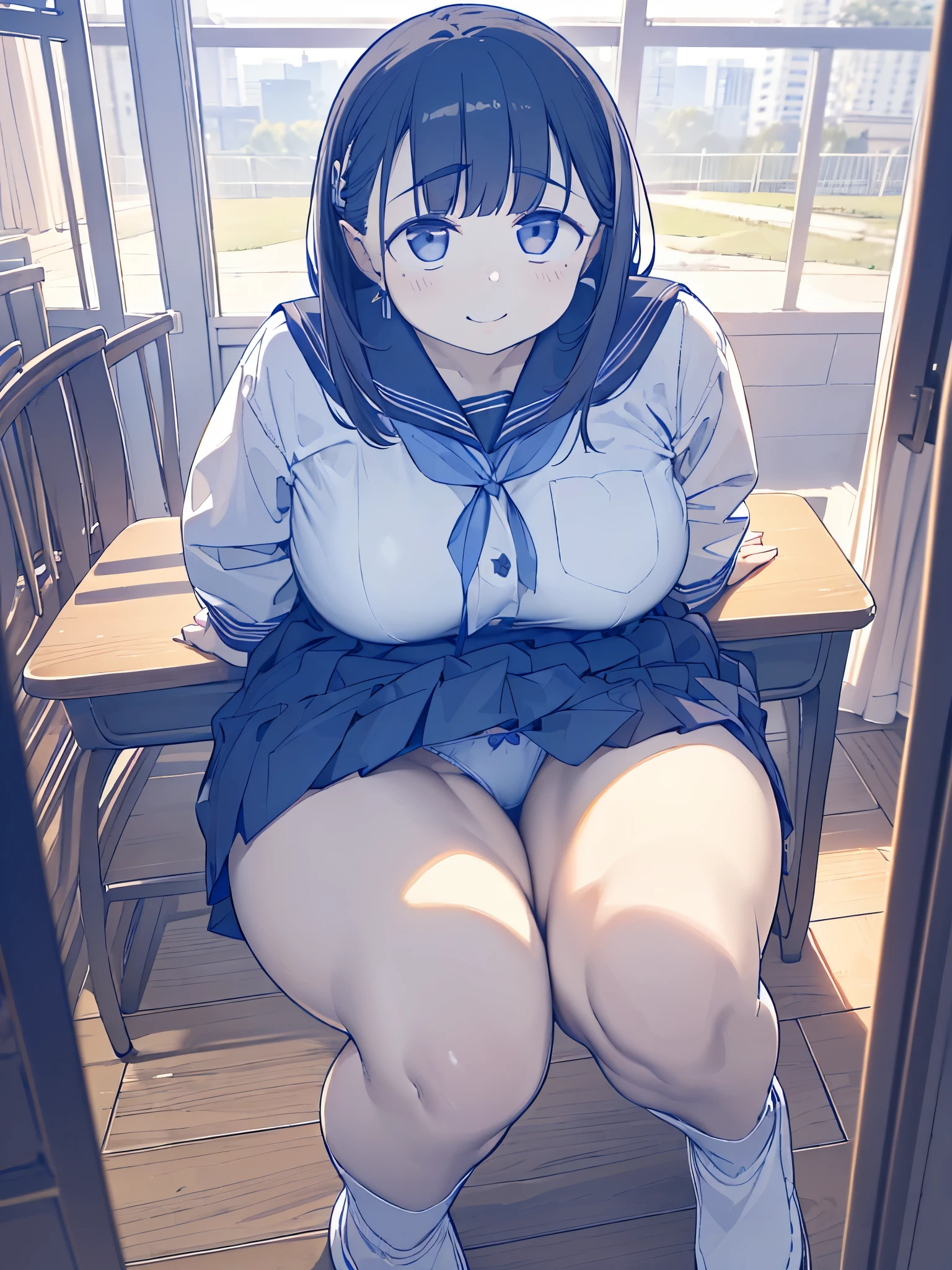(top-quality、in 8K、32K、 masterpiece、nffsw、超A high resolution、Impresionismo、huge breasts, Photorealsitic:1.2)、Angle from above、High angle、Colossal tits、cowboy shot, detailed faces and eyes、 Inside the classroom、Schools、Evening glow、beauitful face、blurry backround、16-year-old beautiful girl、shinny skin、long、Beautiful black hair、Blunt bangs、Invincible smile、Gray eyes、a sailor suit、Pleated miniskirt、Curve、Stand on one knee、Opening legs、(seduction)、((scornful look))、chubbily、((plump body))、((plump face))、((plump body))、((plump face))、((plump body))、((plump face))、((plump body))、((plump face))、((growing thighs))、((growing ))、((growing thighs))、((growing ))、((growing thighs))、((growing ))、((growing thighs))、((growing ))、((growing thighs))、((growing ))、((growing thighs))、((growing ))、((growing thighs))、((growing ))、((growing thighs))、((growing ))、((showing panties))