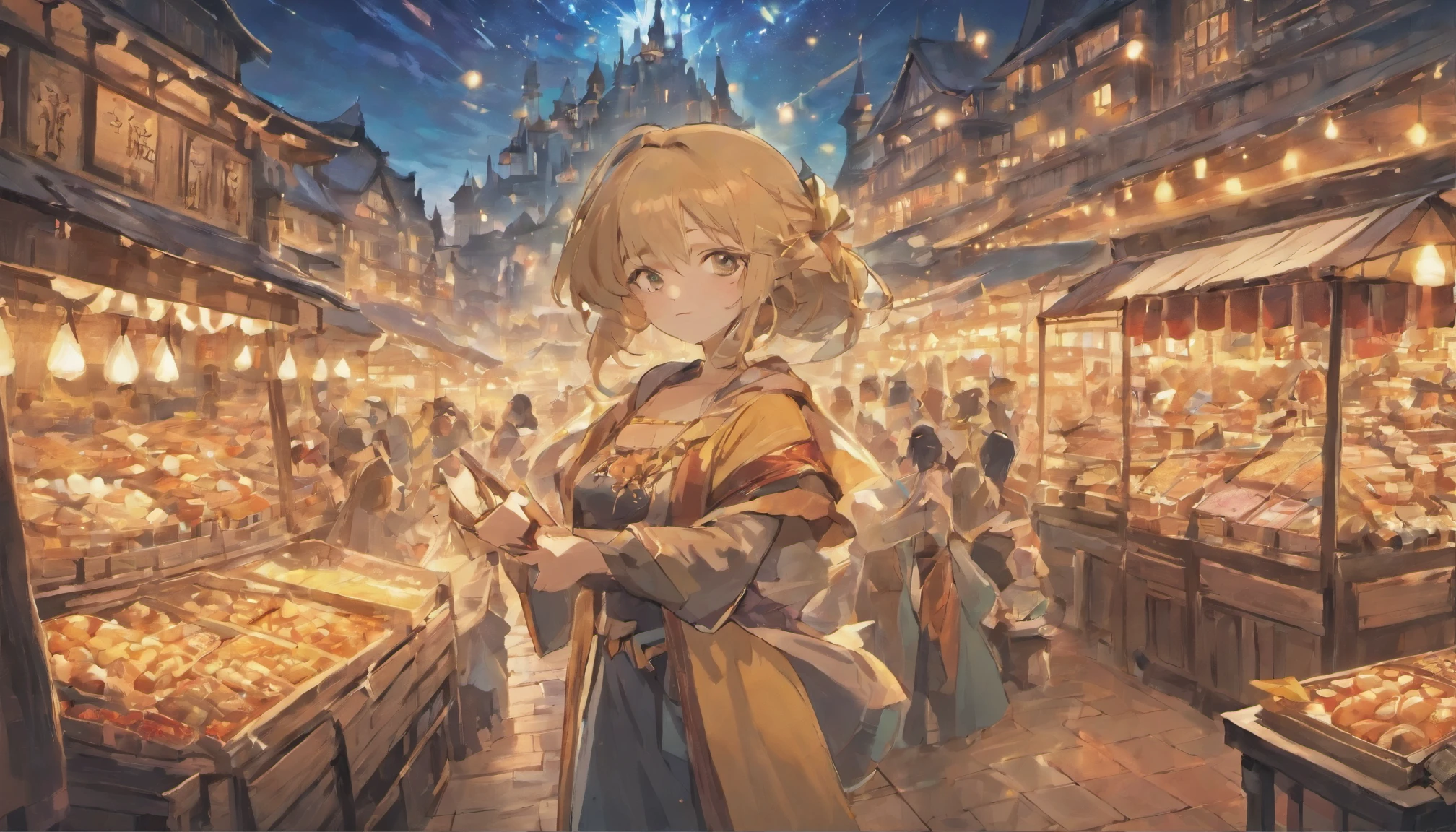 Cute female merchant selling magical items in a busy market,fantasic world,wearing robe,many goods display,masterpiece,soft line,midnight,many lightning ,floating castle over there,many people,dynamic angle,A port town on a slope facing the sea