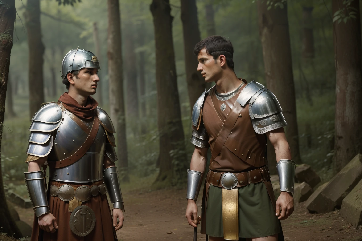 Mitilene, 77 BC. A young ((((21-year-old)) Julius Caesar)), with his friend ((Tito Labieno)), hidden in the forest, secret mission, roman legion, ((arguing)). ((((roman legionary clothings and armor from the 1st century BC))))