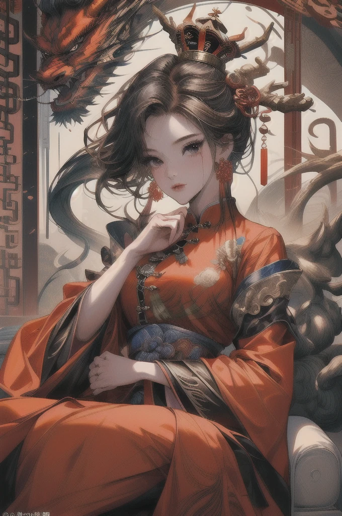 a girl, jewelry, earrings, hair ornament, chinese dragon background, wide sleeves, chinese clothes, crown, PIXIV, midjourney portrait, panoramic view, Ultra high saturation, (best quality, masterpiece, Representative work, official art, Professional, 8k)