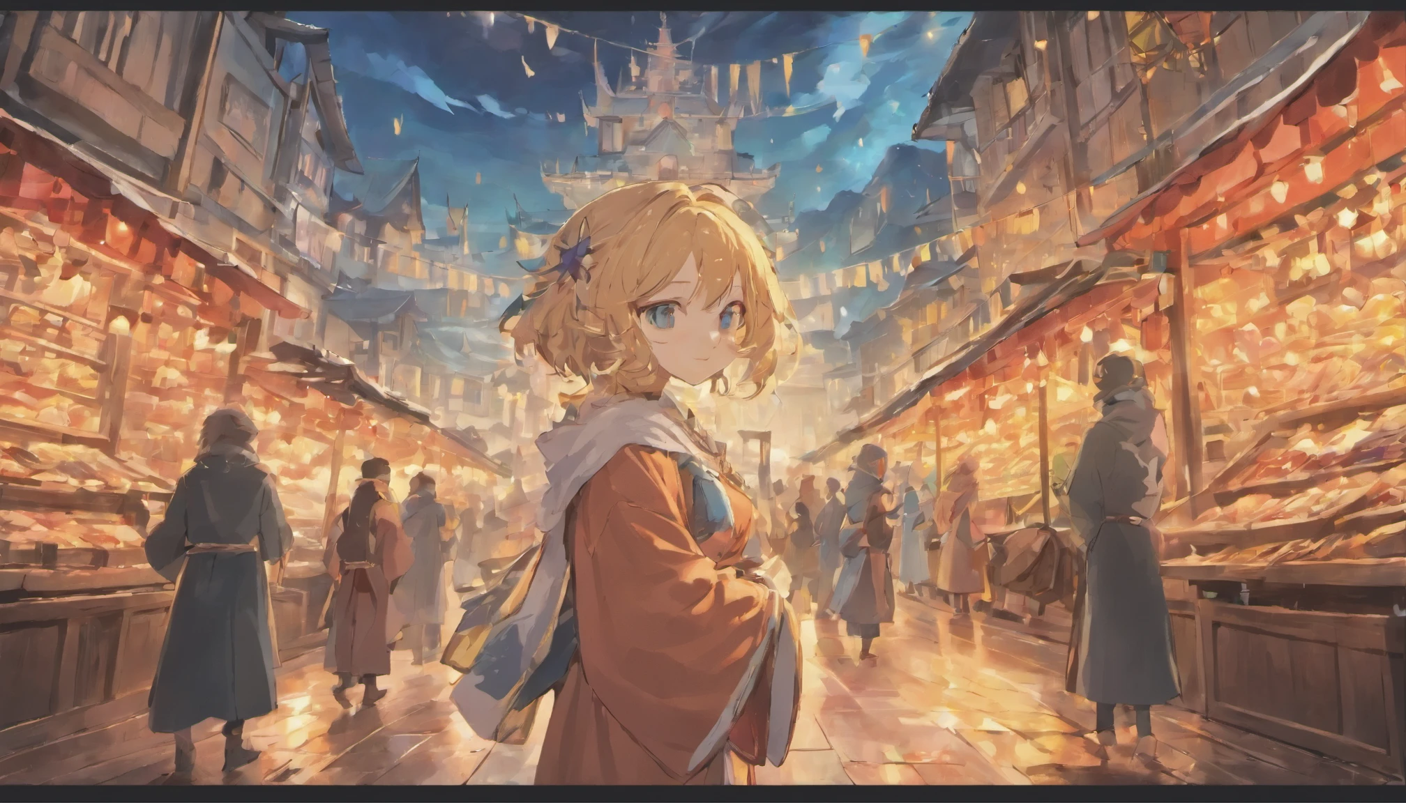 Cute female merchant selling magical items in a busy market,fantasic world,wearing robe,many goods display,masterpiece,soft line,midnight,many lightning ,floating castle over there,many people,dynamic angle,A port town on a slope facing the sea