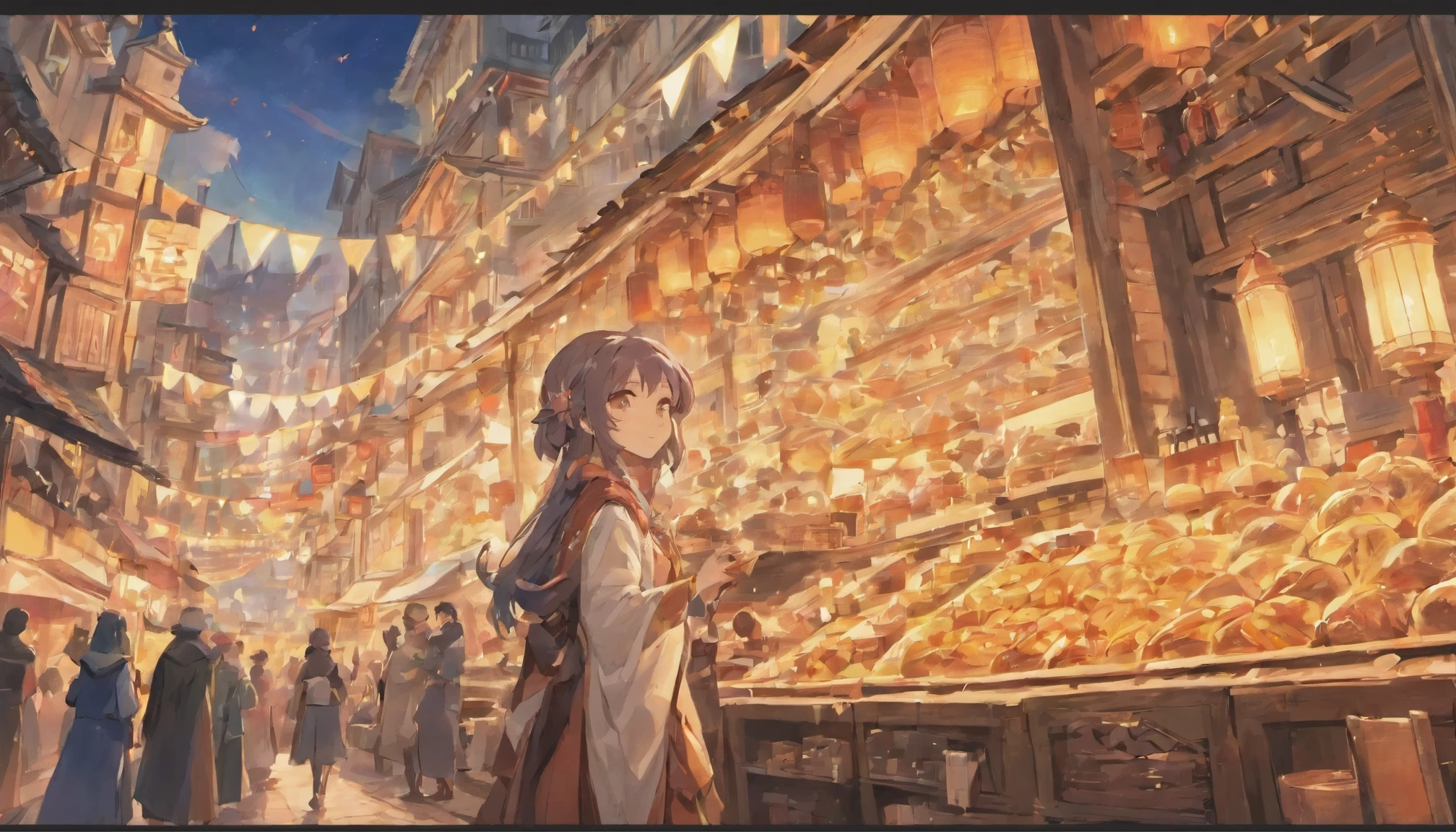 Cute female merchant selling magical items in a busy market,fantasic world,wearing robe,many goods display,masterpiece,soft line,midnight,many lightning ,floating castle over there,many people,dynamic angle,A port town on a slope facing the sea