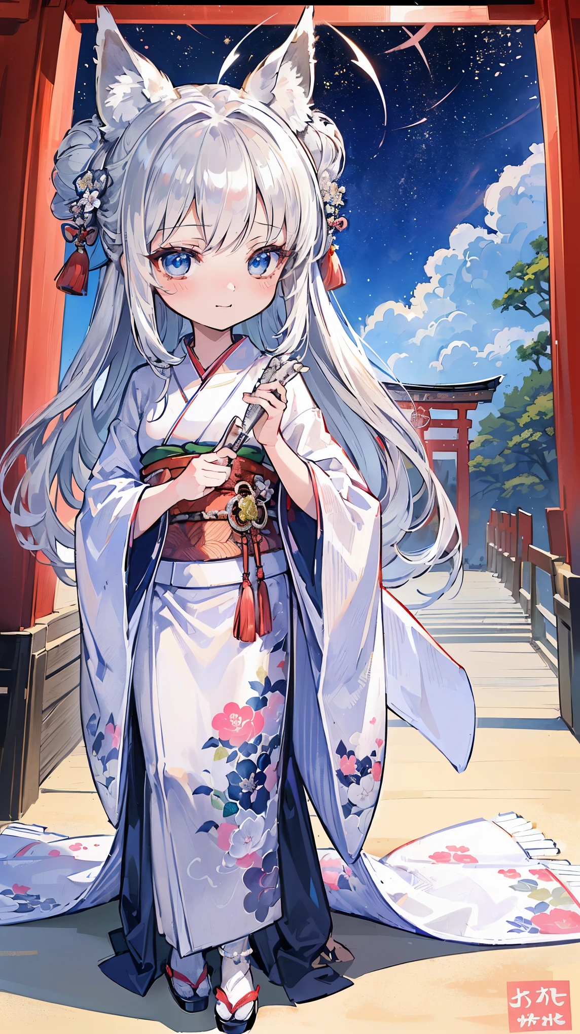 (((Masterpiece))), (((Highest quality))), ((Ultra-detailed)), ((Super fine illustration)), ((Ultra-fine painting)), (16K highest quality wallpaper:1.4), (Chibi:2.0), (Full body:1.6), HDR, (Highly detailed and delicate illustration style:1.8), Detailed skin texture, Detailed cloth texture, Extreme detailed description, (T-masterpiece), (Highly detailed face:1.2), (Highly detailed silver fox ears:1.2), (Highly detailed shiny silver half updo:1.2), (Highly detailed clear eyes:1.2), Original, RAW photo, Professional, Intricate details, Super details, Direct light:1.6, (Perfect ???????:1.4), (Highly detailed hands:1.2), (Highly detailed fingers:1.2), (Highly detailed fingertips:1.2), (16-years-old), Real, (Solo:1.8), (A very beautiful and cute silver fox girl who is an idol and wears a bright red long-sleeved kimono with a floral pattern:1.4) BRAKE (Beautiful and adorable silver fox ears:1.8), (Highly detailed and delicate silver fox ears:1.4), (Beautiful and shiny silver half updo:1.6), (Highly detailed and delicate silver half updo:1.2), (Beautiful clear blue eyes that shine with great detail:1.6), (Highly detailed and delicate blue eyes:1.2), (Highly detailed face:1.4), (Smile:1.3), (Blush:1.4), (Looking at viewer:1.4), (Celebration:1.4) BRAKE (Bright red long-sleeved kimono with floral pattern:1.4), (Japanese traditional costume:1.2) BRAKE (Concept art:1.2), (Detailed fantasy art:1.2) BRAKE (Just after noon:1.4), (Very detailed and beautiful Ise Grand Shrine in Mie Prefecture just after noon in the background:1.6), (Standing in front of the torii gate:1.4), (Celebration:1.4), Ise Grand Shrine:1.4, Torii gate of Ise Shrine:1.4, Very beautiful in the sunny sky background just after noon:1.4 BRAKE 