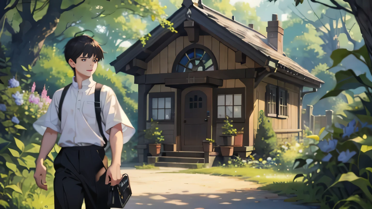 a boy walking dressed in casual clothes, White half sleeves shirt, casual black trouser, Red hand bag with black straps, astonished eyes, joyful eyes, excited surprise, is captured walking alone, in front side Garden of his small cottage, walking, from a wooden bench, towards a tree, in adorable manner. The surrounding trees and bushes are a vibrant tapestry of life, their branches adorned with rich textures of natural fibers and leaves in shades of green, creating a stunningly beautiful backdrop. The sunlight filters through the foliage, casting dappled patterns on the ground, adding to the serene and idyllic atmosphere. The boy's smile is the focal point of the scene --seed 3318333492