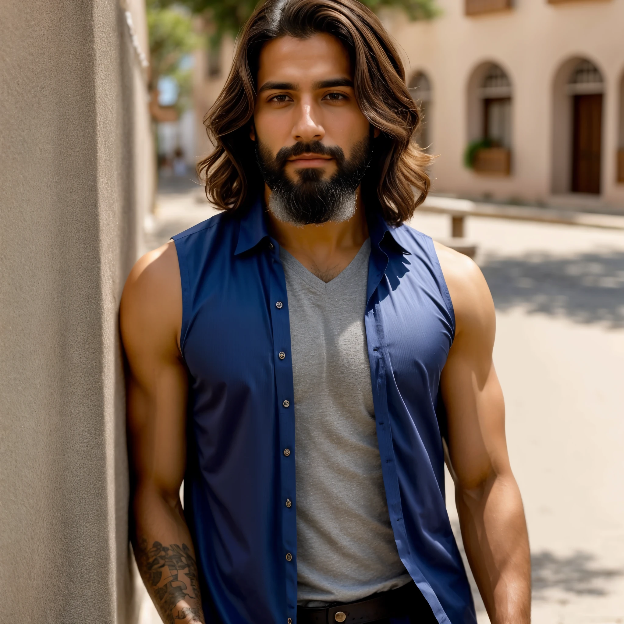 un hombre con barba , con cabello largo, el hombre tiene chaleco de cuero , el hombre no tiene camisa. una mujer rubia, con vestido primaveral esta abrazando al hombre, 