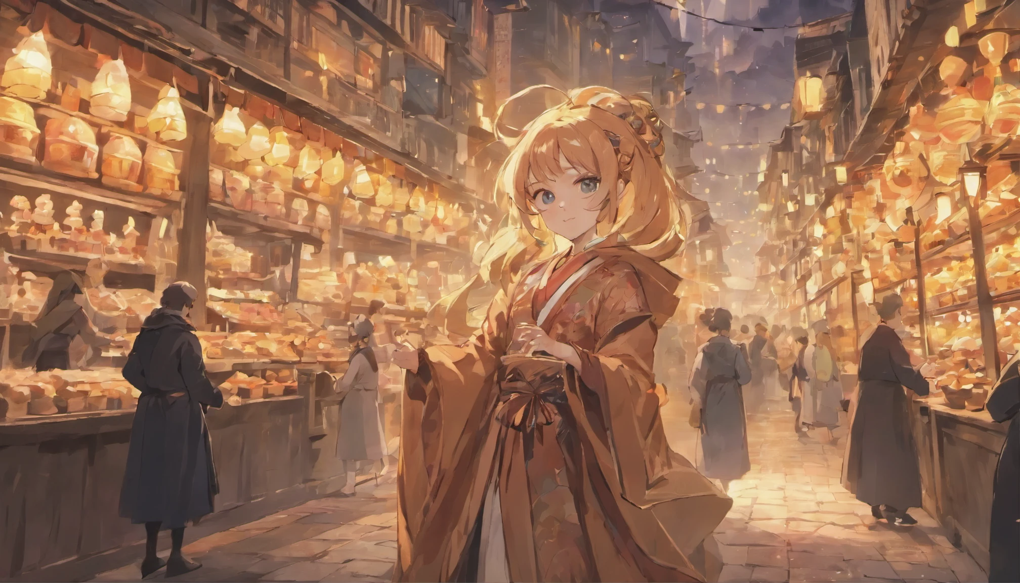 Cute female merchant selling magical items in a busy market,fantasic world,wearing robe,many goods display,masterpiece,soft line,midnight,many lightning ,floating castle over there,many people,dynamic angle,A port town on a slope facing the sea