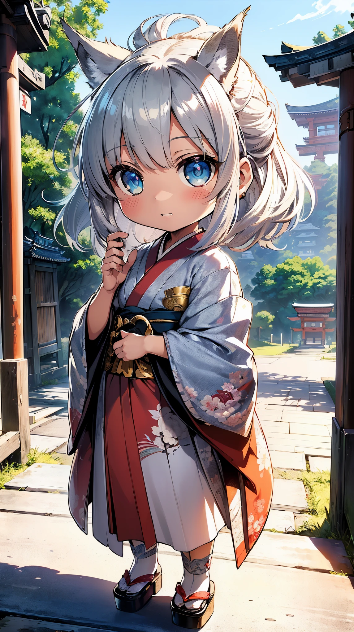 (((Masterpiece))), (((Highest quality))), ((Ultra-detailed)), ((Super fine illustration)), ((Ultra-fine painting)), (16K highest quality wallpaper:1.4), (Chibi:2.0), (Full body:1.6), HDR, (Highly detailed and delicate illustration style:1.8), Detailed skin texture, Detailed cloth texture, Extreme detailed description, (T-masterpiece), (Highly detailed face:1.2), (Highly detailed silver fox ears:1.2), (Highly detailed shiny silver half updo:1.2), (Highly detailed clear eyes:1.2), Original, RAW photo, Professional, Intricate details, Super details, Direct light:1.6, (Perfect anatomy:1.4), (Highly detailed hands:1.2), (Highly detailed fingers:1.2), (Highly detailed fingertips:1.2), (-yeld), R, (Solo:1.8), (A very beautiful and cute silver fox girl who is an idol and wears a bright red long-sleeved kimono with a floral pattern:1.4) BRAKE (Beautiful and adorable silver fox ears:1.8), (Highly detailed and delicate silver fox ears:1.4), (Beautiful and shiny silver half updo:1.6), (Highly detailed and delicate silver half updo:1.2), (Beautiful clear blue eyes that shine with great detail:1.6), (Highly detailed and delicate blue eyes:1.2), (Highly detailed face:1.4), (Smile:1.3), (Blush:1.4), (Looking at viewer:1.4), (Celebration:1.4) BRAKE (Bright red long-sleeved kimono with floral pattern:1.4), (Japanese traditional costume:1.2) BRAKE (Concept art:1.2), (Detailed fantasy art:1.2) BRAKE (Just after noon:1.4), (Very detailed and beautiful Ise Grand Shrine in Mie Prefecture just after noon in the background:1.6), (Standing in front of the torii gate:1.4), (Celebration:1.4), Ise Grand Shrine:1.4, Torii gate of Ise Shrine:1.4, Very beautiful in the sunny sky background just after noon:1.4 BRAKE