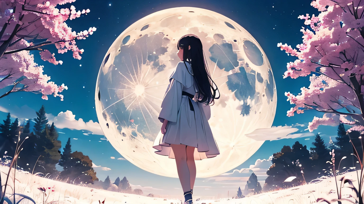 moon in sky，The back view of the girl with long black hair in the center of the picture，purple eyes，Full body portrait of a girl，imagine，Pay attention to the atmosphere，Pay attention to the whole，Centered on the Moon，Exquisite details，white dress，dreamy atmosphere，Sakura in the scene，The proportion of girls has dropped，The girl stood in the distance