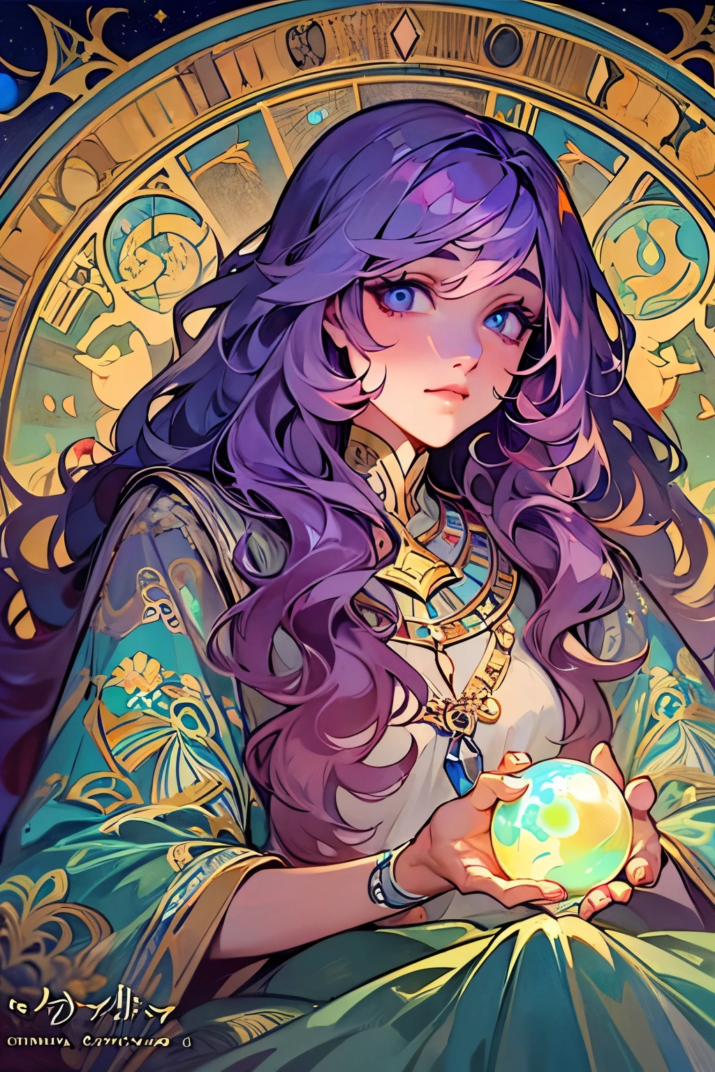 (masterpiece, highest quality, highest quality, official art, beautiful and aesthetic:1.2), (1 girl:1.3), wavy long hair, light purple hair, very detailed, portrait, looking at the viewer, alone, (whole body:0.6), detailed background, close, shining eyes,fortune teller, Mysterious, sitting at the table, colorful shoulderless loose gypsy fortune teller clothes, holy grail, crystal ball, Medieval (inner tent:1.1) background, tent curtains in background, dark Mysterious lighting, Shadow, magical atmosphere, starry night,, Dutch angle horoscope、Mysterious, Alphonse Mucha&#39;s Art Nouveau line, Art Nouveau line,　awesome full color,　watercolor painting　
