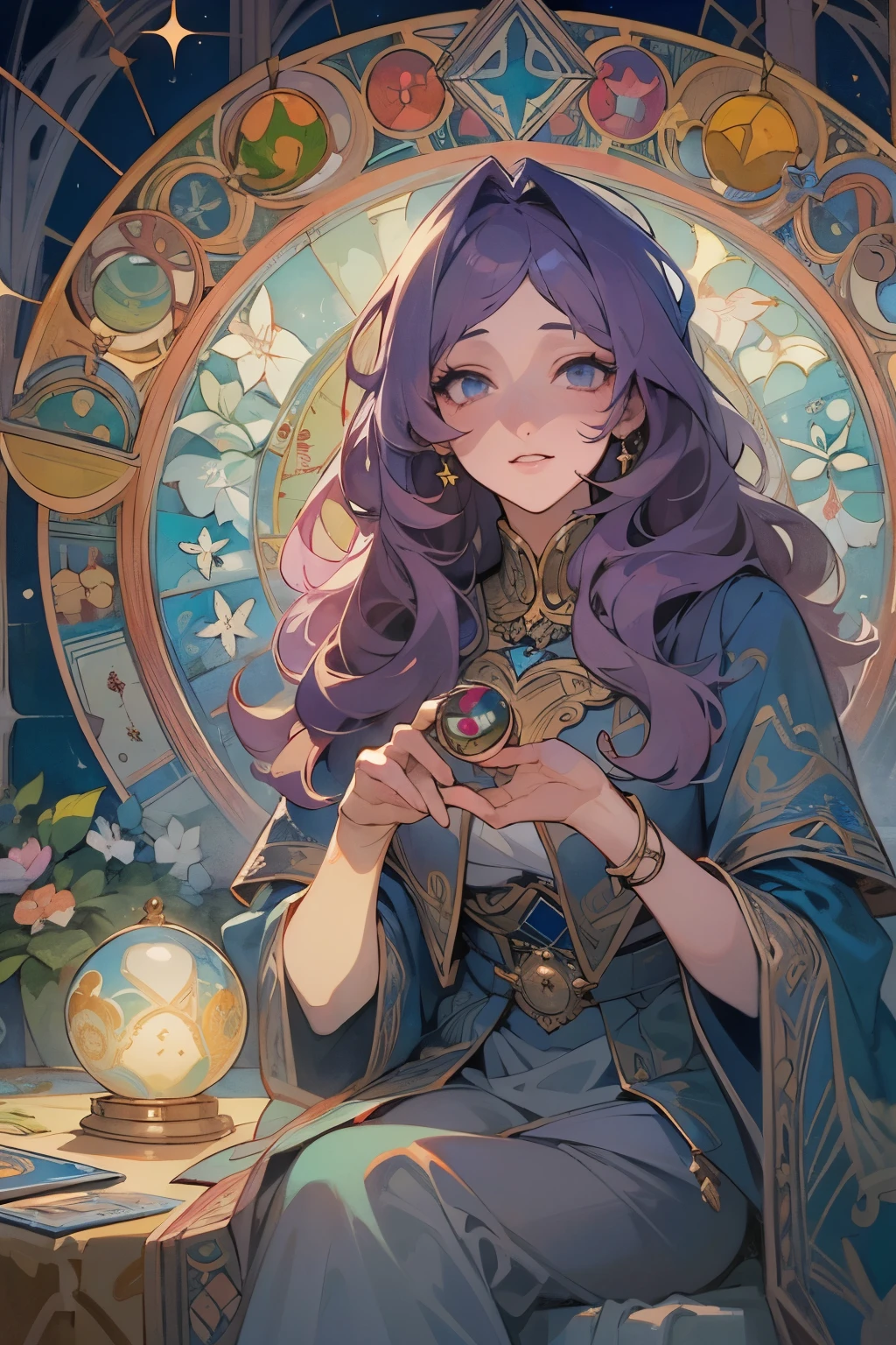 (masterpiece, highest quality, highest quality, official art, beautiful and aesthetic:1.2), (1 girl:1.3), wavy long hair, light purple hair, very detailed, portrait, looking at the viewer, alone, (whole body:0.6), detailed background, close, shining eyes,fortune teller, Mysterious, sitting at the table, colorful shoulderless loose gypsy fortune teller clothes, holy grail, crystal ball, Medieval (inner tent:1.1) background, tent curtains in background, dark Mysterious lighting, Shadow, magical atmosphere, starry night,, Dutch angle horoscope、Mysterious, Alphonse Mucha&#39;s Art Nouveau line, Art Nouveau line,　awesome full color,　watercolor painting　
