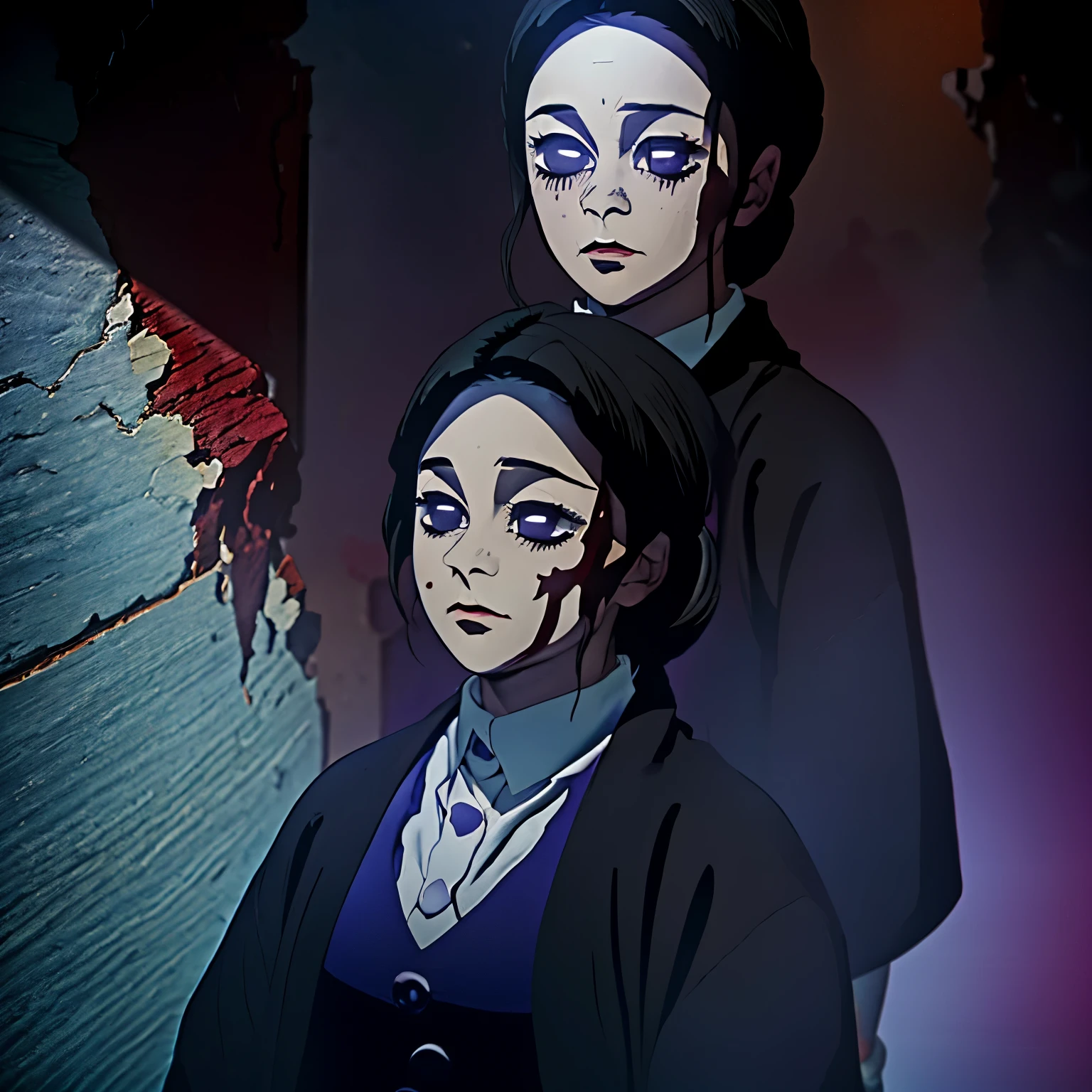 cute young Woman, short black Hair, purple Eyes, cute insane girl, black clothes, blood stains everywhere,