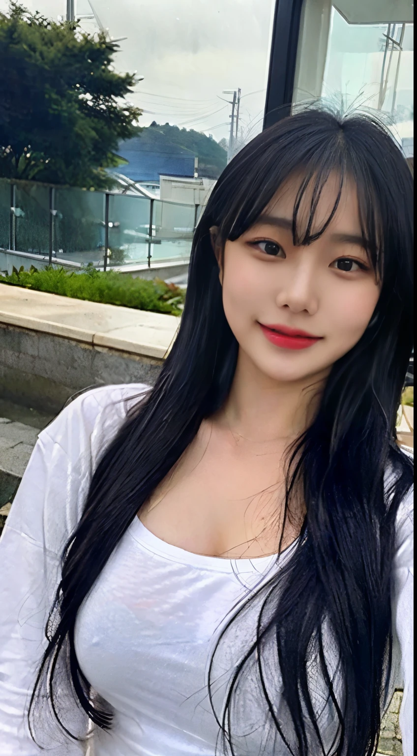 young asian woman aged 18 years, wearing a white t-shirt, no bra, caught in the rain, wet clothes, nipples sticking out,