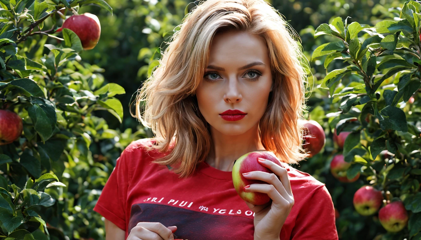 blond woman in t-shirt red top holding an apple in front of a bush, Anna Nikonova aka Newmilky, karol bak uhd, t-shirt red, Yelena Belova, Garota sexy, Yulia Gorokhova, linda garota loira, linda mulher loira, red apples, with apple, Garota sexy with long blonde hair, red apple, sitting eating an apple. full clarity image, 8k ultra hd, global illumination
