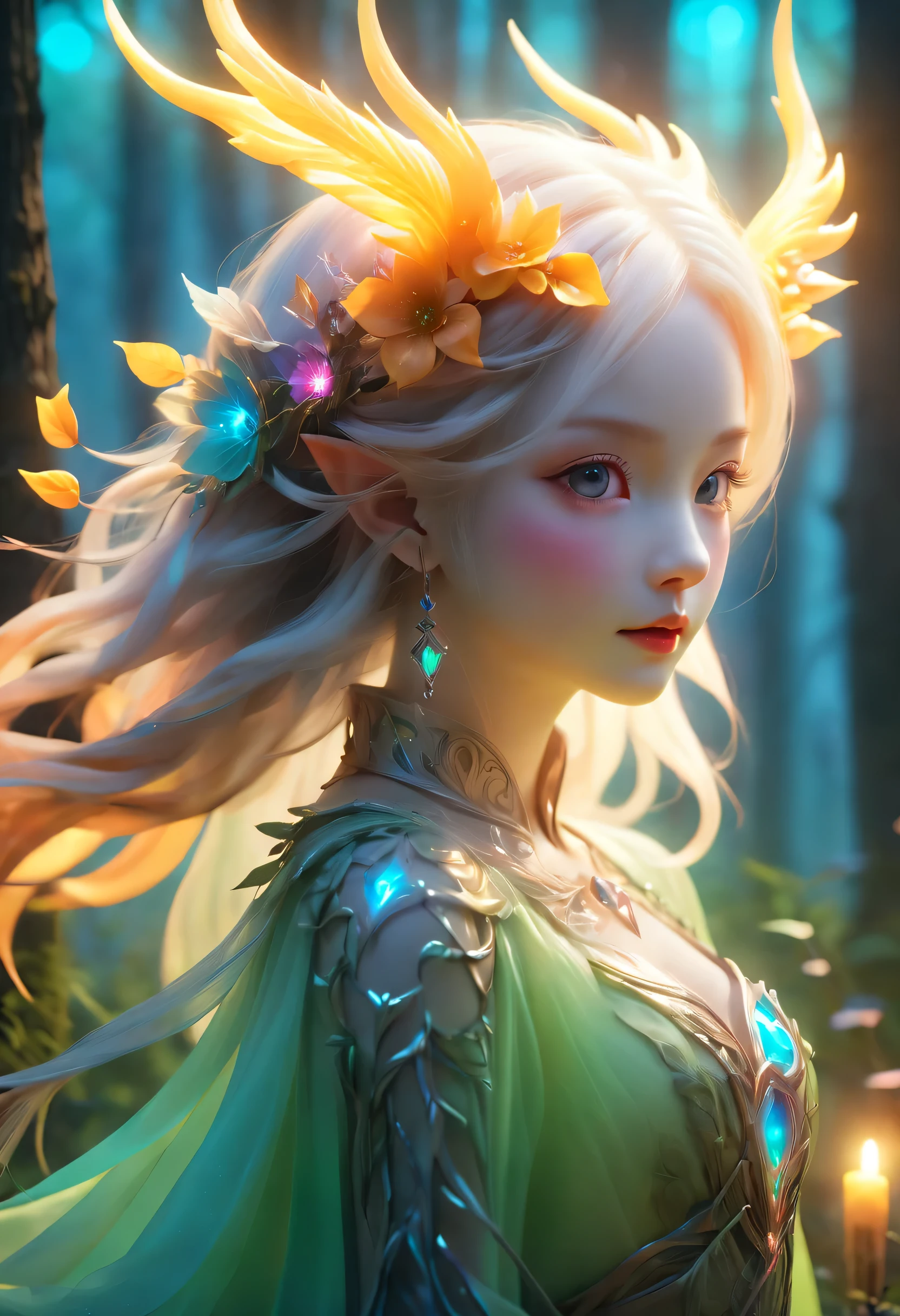 best quality,4K,8k,HD,masterpiece:1.2,super detailed,lifelike:1.37,flash,enchanted forest,magical atmosphere,charming scenery,rich and colorful,(闪闪glow的仙女,Charming witches,Carefully cast),Cute fawn,glow,fluorescence,(wand casting),装满glow液体的瓶子,ethereal atmosphere