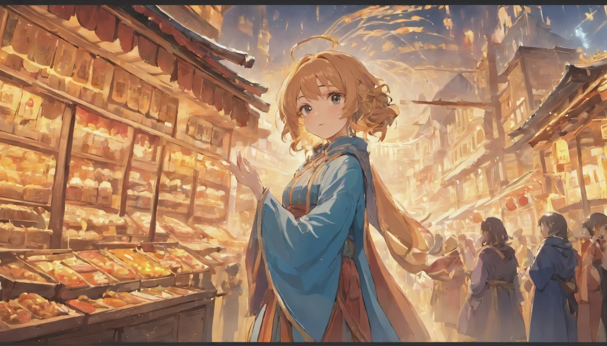 Cute female merchant selling magical items in a busy market,fantasic world,wearing robe,many goods display,masterpiece,soft line,midnight,many lightning ,floating castle over there,many people,dynamic angle,A port town on a slope facing the sea