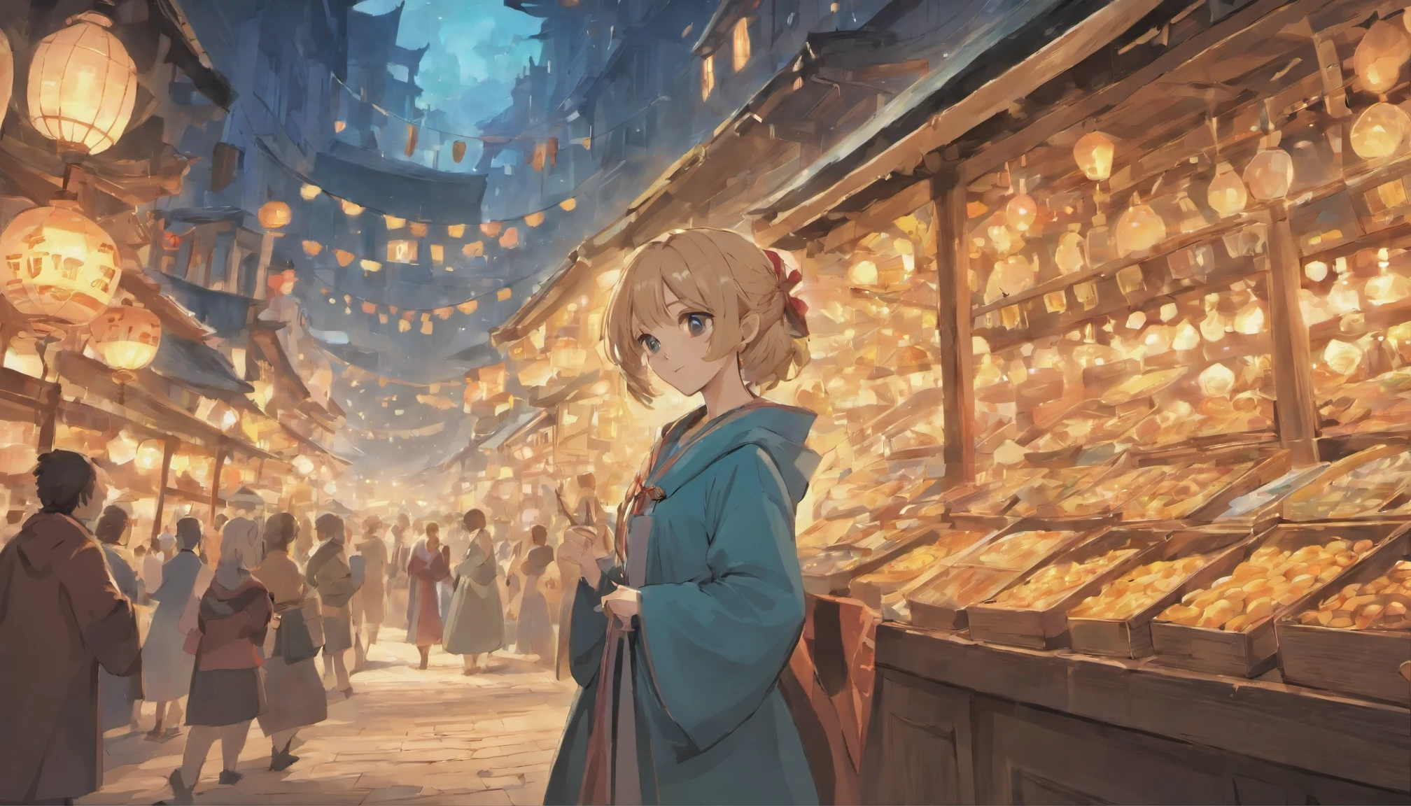 Cute female merchant selling magical items in a busy market,fantasic world,wearing robe,many goods display,masterpiece,soft line,midnight,many lightning ,floating castle over there,many people,dynamic angle,A port town on a slope facing the sea