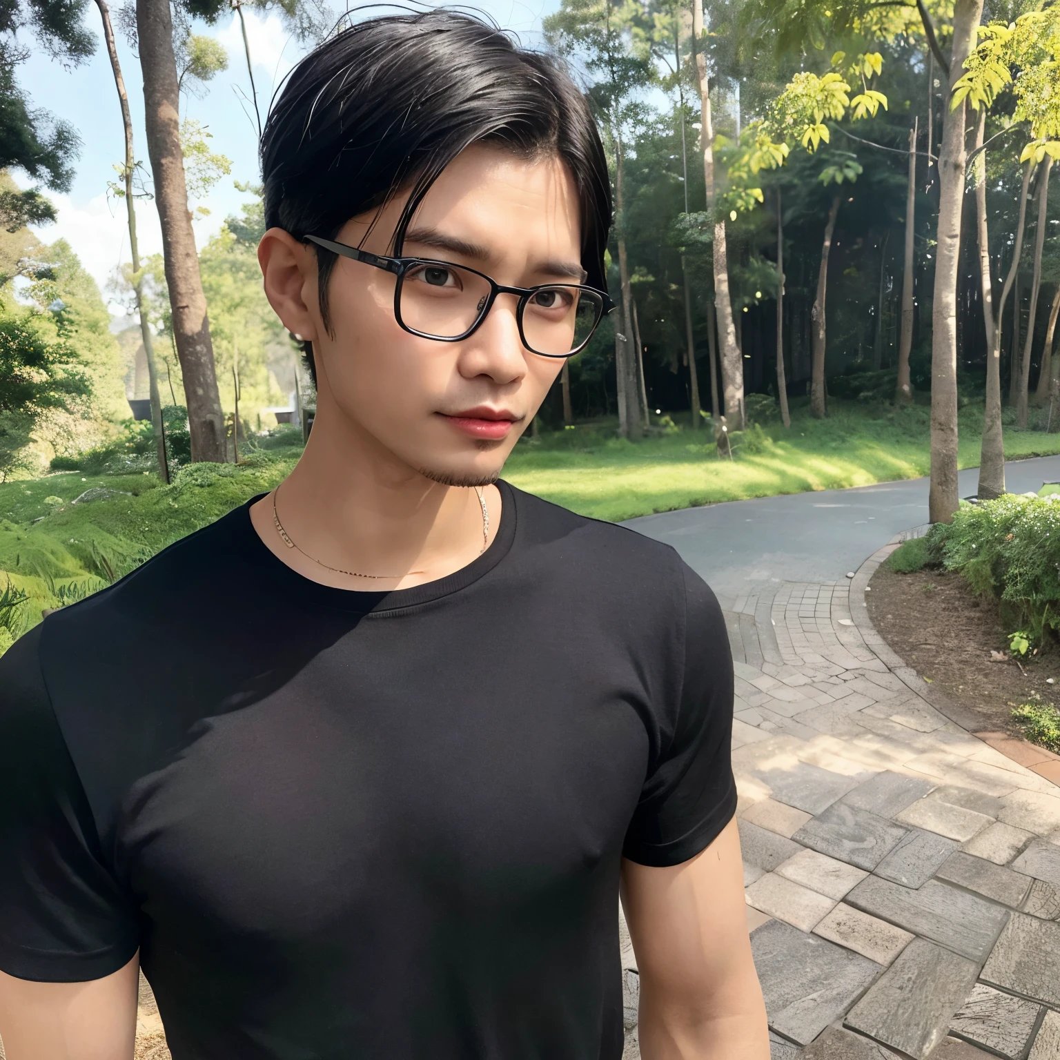 An authentic Indonesian face, a man with glasses, thin and slender, short curly black hair, thirty years old, wearing a black shirt and blue jeans, boots with a black finish, a dark and moody forest of cemara trees as the background.