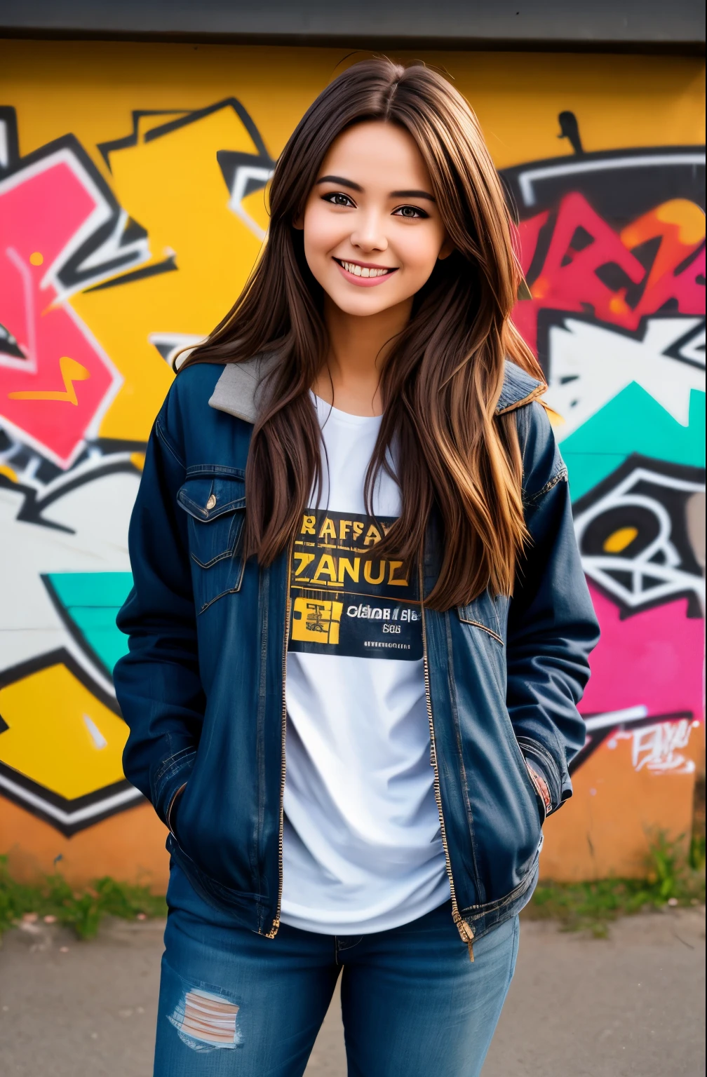 An effortlessly beautiful girl next door, full body shot, brown hair, graffiti (Happy, excited smile), fotoreal, Hyperrealismus, best quality, (natural skin structure, very detailed face), Meisterwerk, scharfer Fokus, golden hour