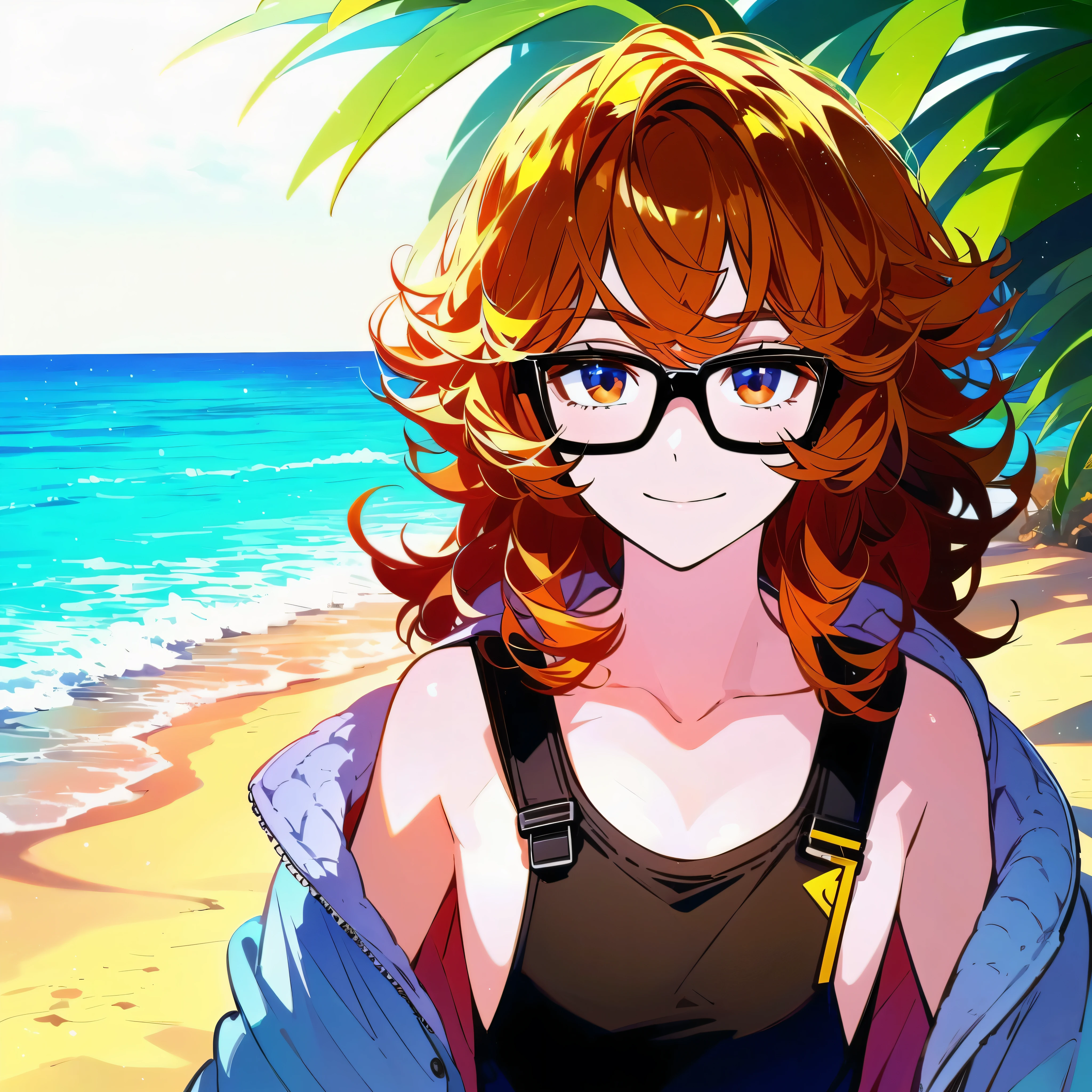 Guy with curly hair, wearing glasses smiling against the background of the beach.