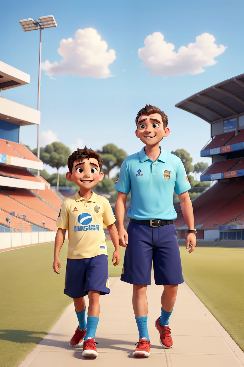 In the sunny afternoon of a Sunday, a father and son, dressed in local team shirts, walked enthusiastically towards the football stadium. Sharing expectations and laughter, they prepared for an exciting afternoon together.
