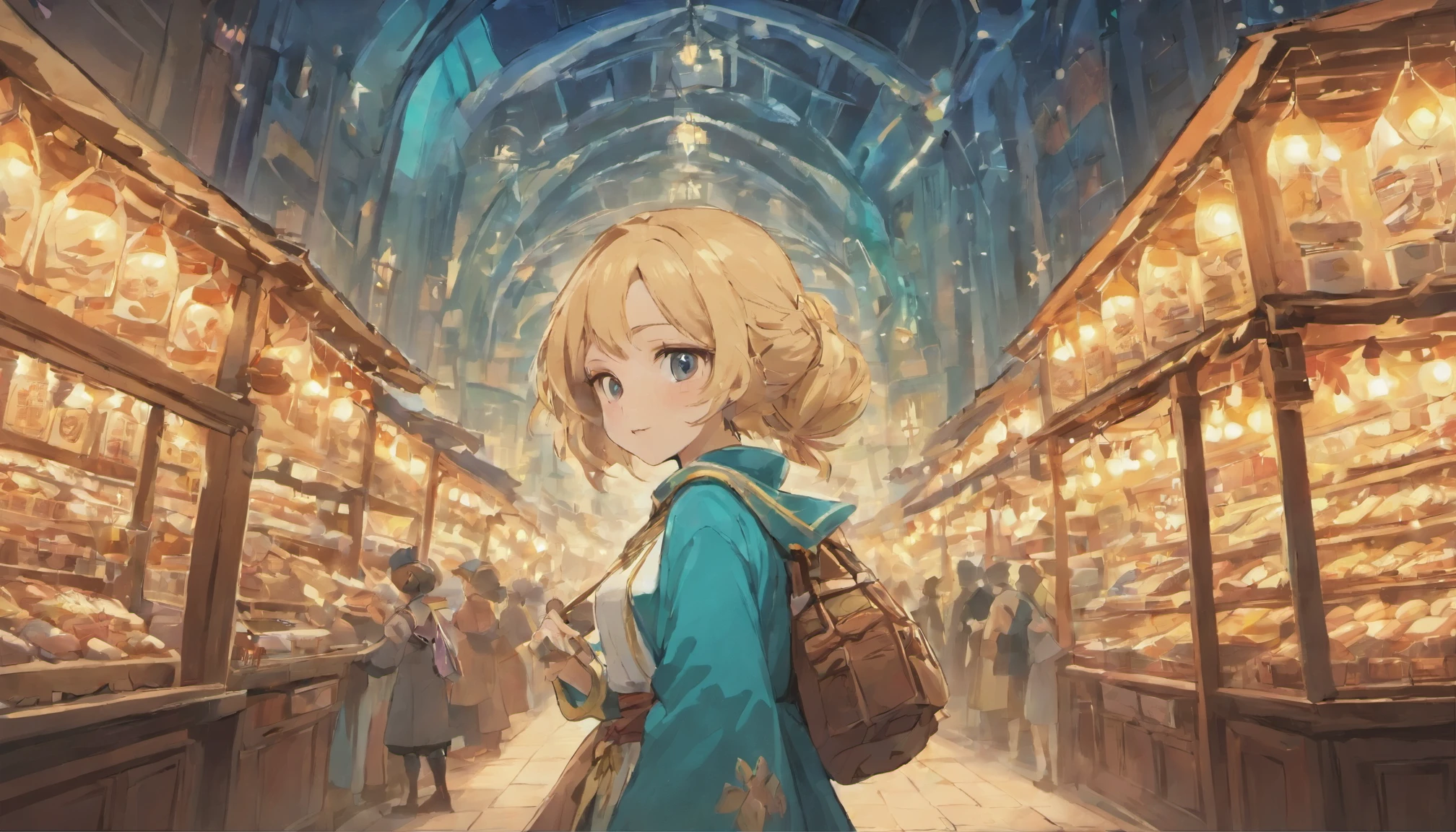 Cute female merchant selling magical items in a busy market,fantasic world,wearing robe,many goods display,masterpiece,soft line,midnight,many lightning ,floating castle over there,many people,dynamic angle