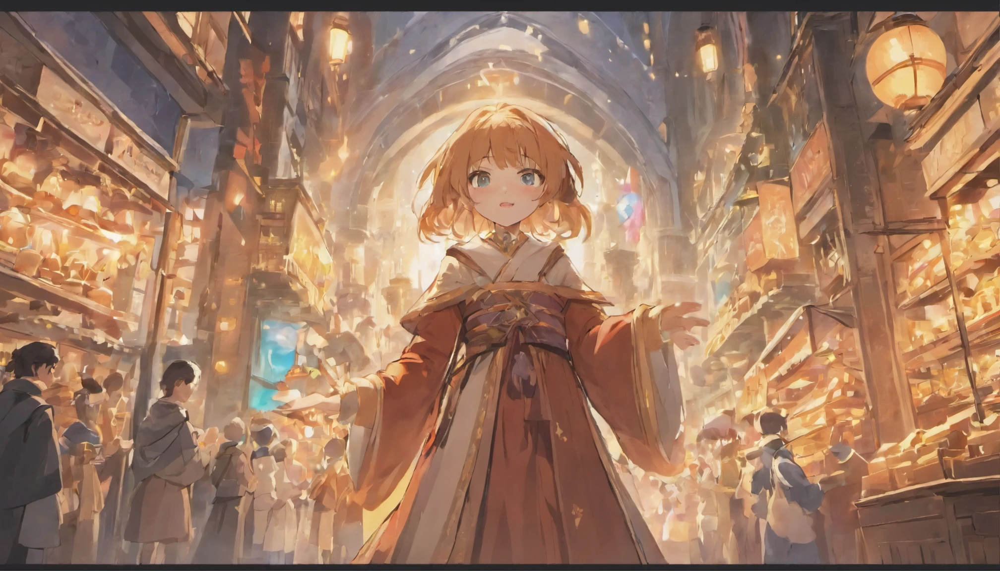Cute female merchant selling magical items in a busy market,fantasic world,wearing robe,many goods display,masterpiece,soft line,midnight,many lightning ,floating castle over there,many people,dynamic angle