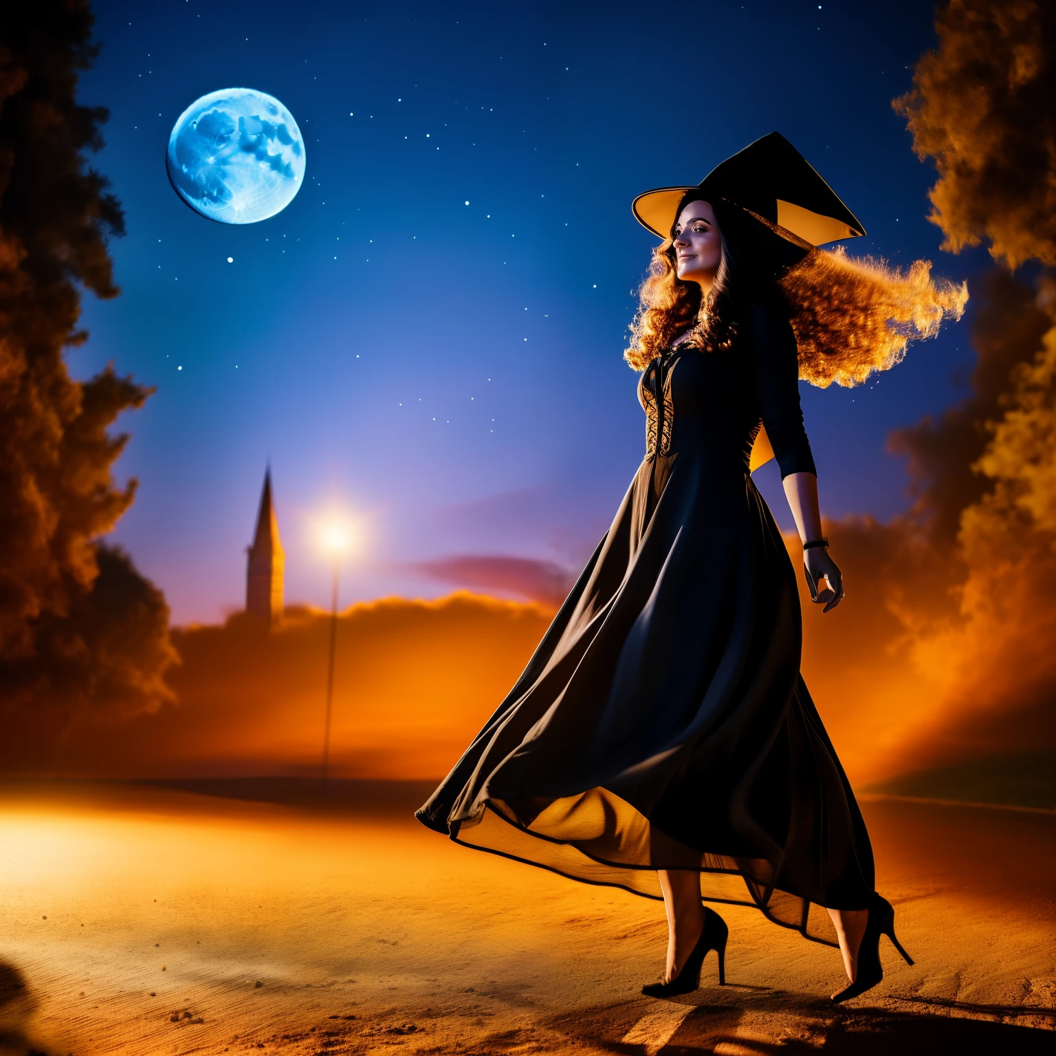photo of Silhouette of a witch flying in the sky on a magic broom with the moon in the background, wearing long dress, huge breasts, huge hip, small waist, in dark night, moon lighting, Cinematic shadows and detail brilliance, (smooth hair, detailed hair, very fine hair)
