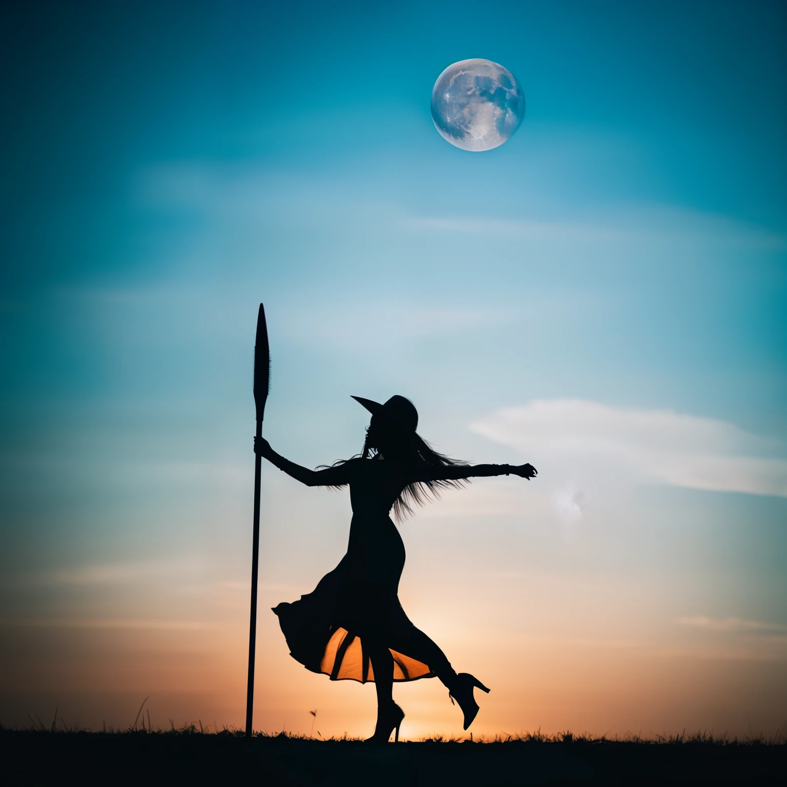 photo of Silhouette of a young witch flying in the sky on a magic broom with the moon in the background, wearing long dress, huge breasts, huge hip, small waist, in dark night, moon lighting, Cinematic shadows and detail brilliance, (smooth hair, detailed hair, very fine hair)