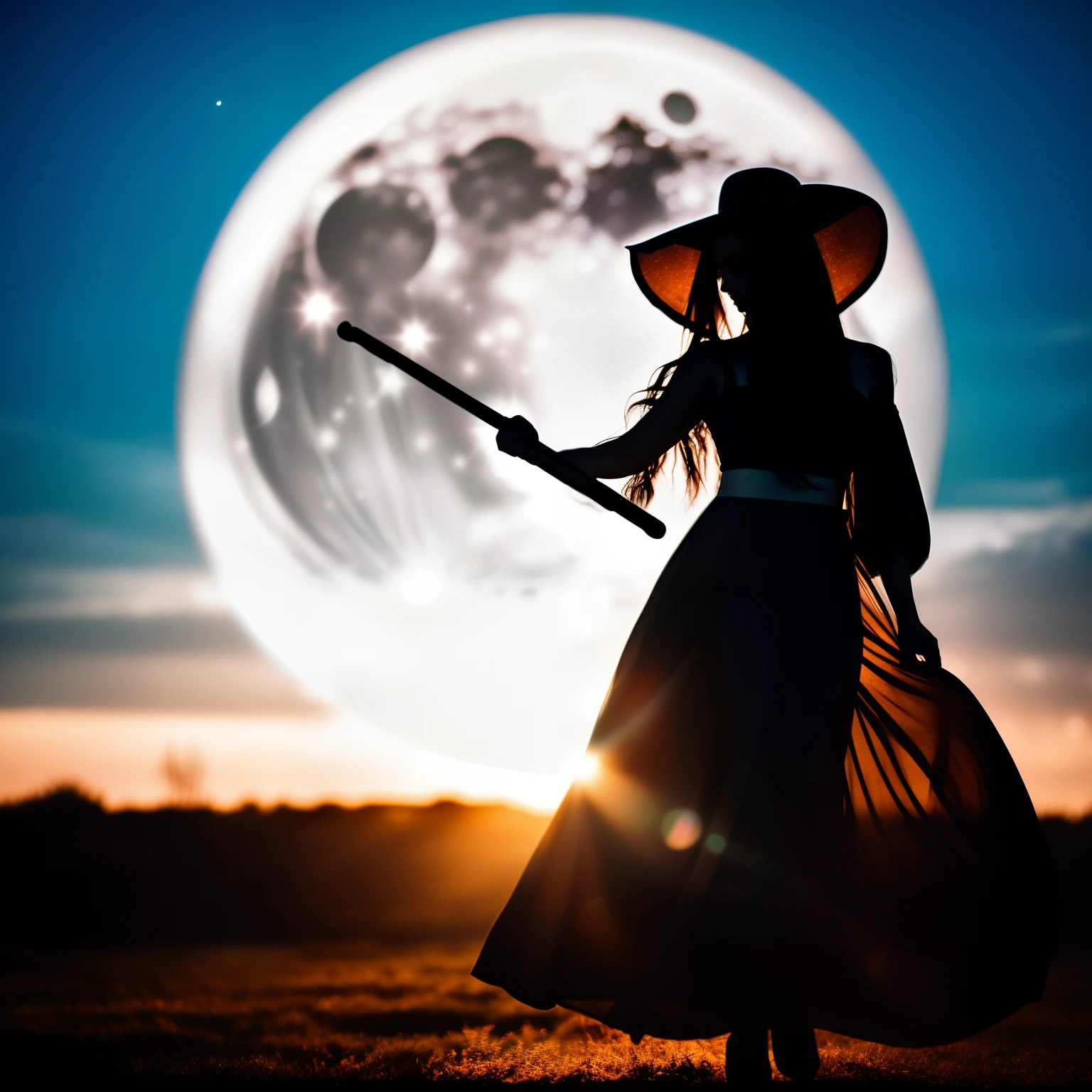 photo of Silhouette of a young witch flying in the sky on a magic broom with the moon in the background, wearing long dress, huge breasts, huge hip, small waist, in dark night, moon lighting, Cinematic shadows and detail brilliance, (smooth hair, detailed hair, very fine hair)