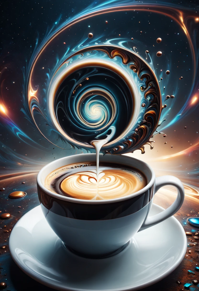 A surreal and abstract image of a coffee concept, where a coffee cup is designed in the shape of an non-Euclidean spiral planes, defying gravity. The coffee inside the cup is swirling in a hypnotic pattern, symbolizing quantum entanglement. The background is ethereal and dreamlike, with soft, pastel colors and subtle geometric shapes that suggest a blend of modern art and science fiction. The overall scene is enigmatic and thought-provoking, merging elements of the ordinary (a coffee cup) with the extraordinary (quantum physics and inverted geometry) studio photo aesthetics, highly detailed, dramatic lighting., neon ambiance, abstract black oil, gear mecha, detailed acrylic, grunge, intricate complexity, rendered in unreal engine, photorealistic.