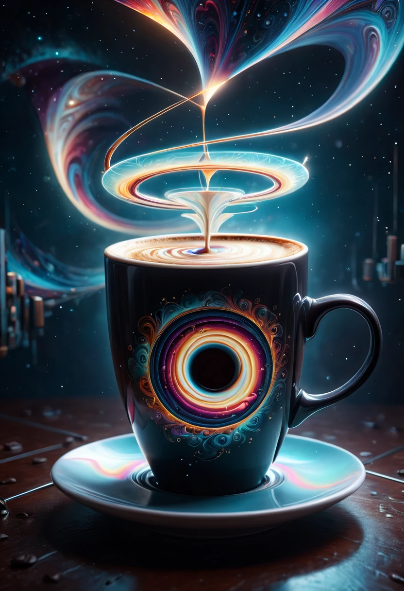 A surreal and abstract image of a coffee concept, where a coffee cup is designed in the shape of an non-Euclidean spiral planes, defying gravity. The coffee inside the cup is swirling in a hypnotic pattern, symbolizing quantum entanglement. The background is ethereal and dreamlike, with soft, pastel colors and subtle geometric shapes that suggest a blend of modern art and science fiction. The overall scene is enigmatic and thought-provoking, merging elements of the ordinary (a coffee cup) with the extraordinary (quantum physics and inverted geometry) studio photo aesthetics, highly detailed, dramatic lighting., neon ambiance, abstract black oil, gear mecha, detailed acrylic, grunge, intricate complexity, rendered in unreal engine, photorealistic.