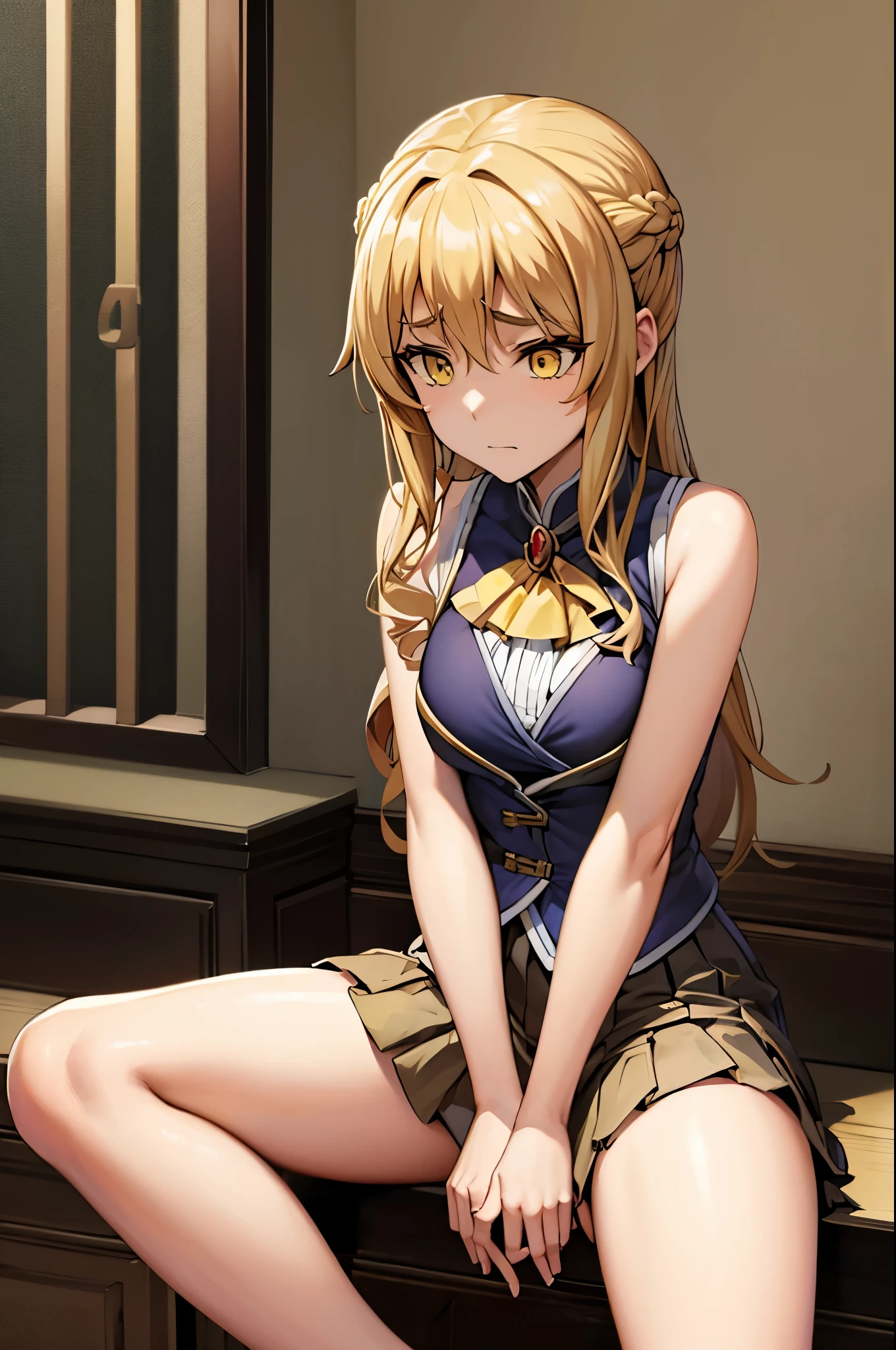 guild girl, long hair, blonde hair, yellow eyes,bra,mini skirt,split spread legs sitting,((looking disgusted)) very angry disappointed
