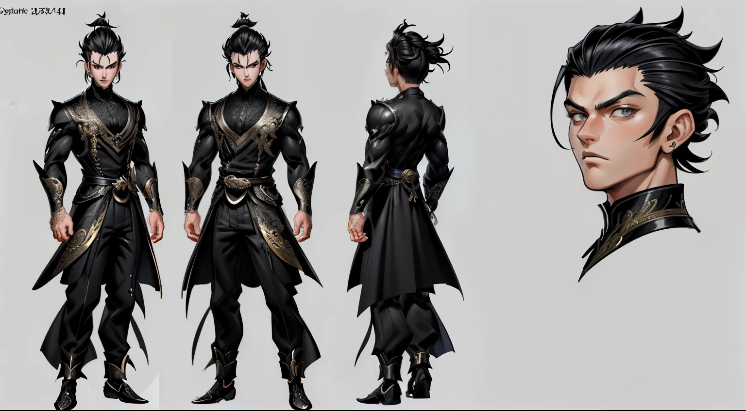 ((highest quality, masterpiece, 4k, finely detailed, detailed eyes, detailed face, intricate details, pixiv, gelbooru)), (((reference sheet, full body pose, same character,front,side,back))), male, wild hairstyle, black hair, modern clothing, sharp eyes, intense pose, handsome sharp features, masculine, muscular