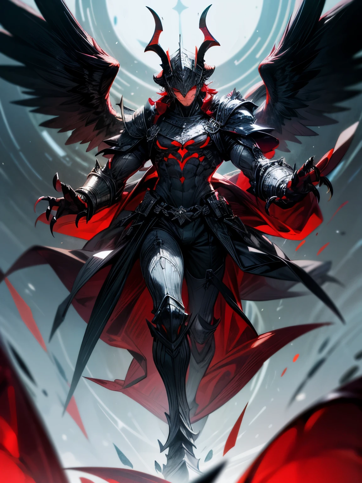"Generate an image of a tall and muscular man wearing a fantastical armor made of metal plates. The skin is black, covered with red plates. He wears enormous gauntlets with claws and has a goat-like foot. The close-fitting helmet has red details, covering his face and allowing a flame-colored glow to escape through the eyes, with horns rising on the forehead. On his back, there are two pairs of black wings, similar to those of a fallen angel."