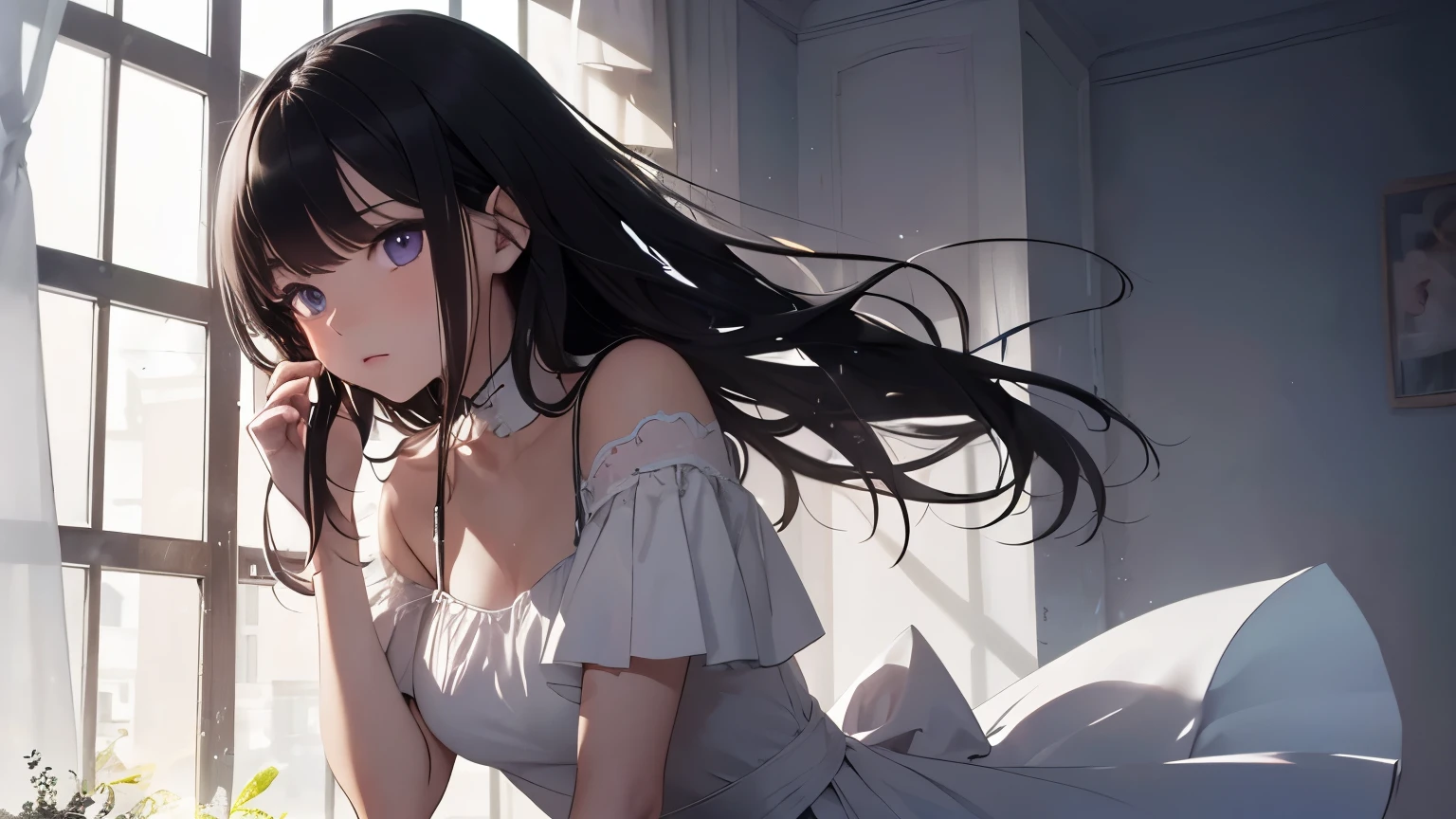 long black hair,Waist-length hair,girl,Age 15 years,cute,Melancholy and sadness,slim,white dress,dreamy atmosphere,light purple eyes