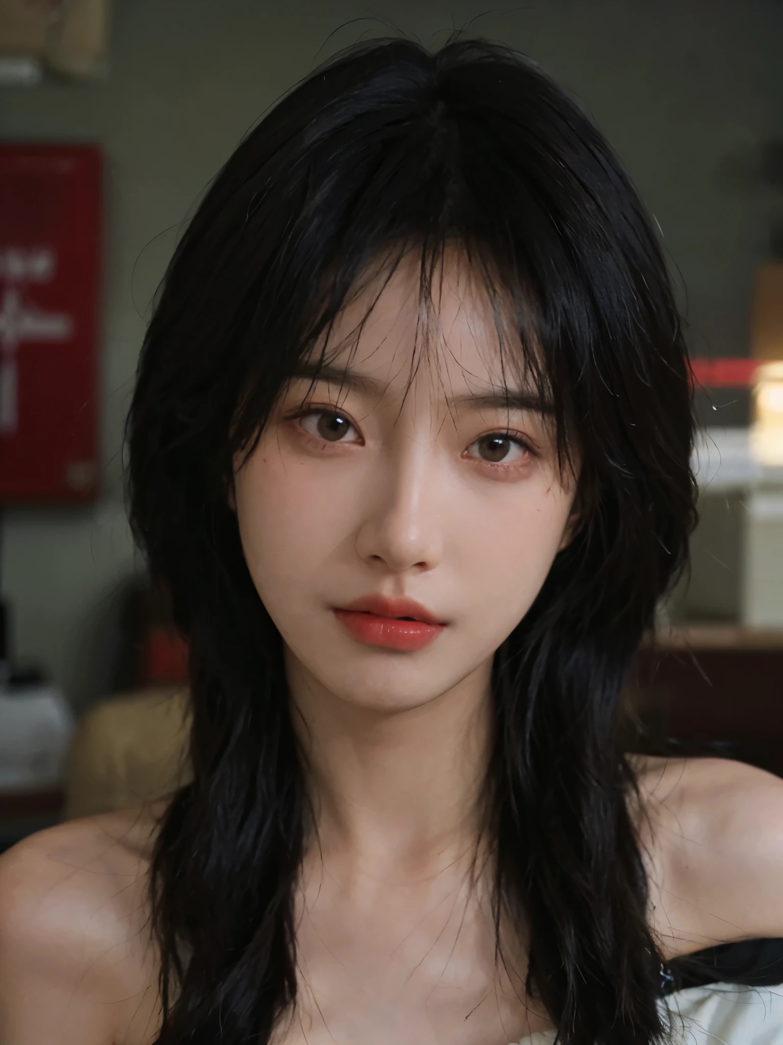 Film portrait photography, 1 girl, bare shoulders,lipstick， Shoulder length wavy hair, serene, calm, (Realistic and detailed eyes, natural skin texture, Realistic facial details), Soft dramatic lighting, depth of field, Bokeh, Vibrant details, detailed meticulous, hyper-realistic, 35mm film, hazy, ,