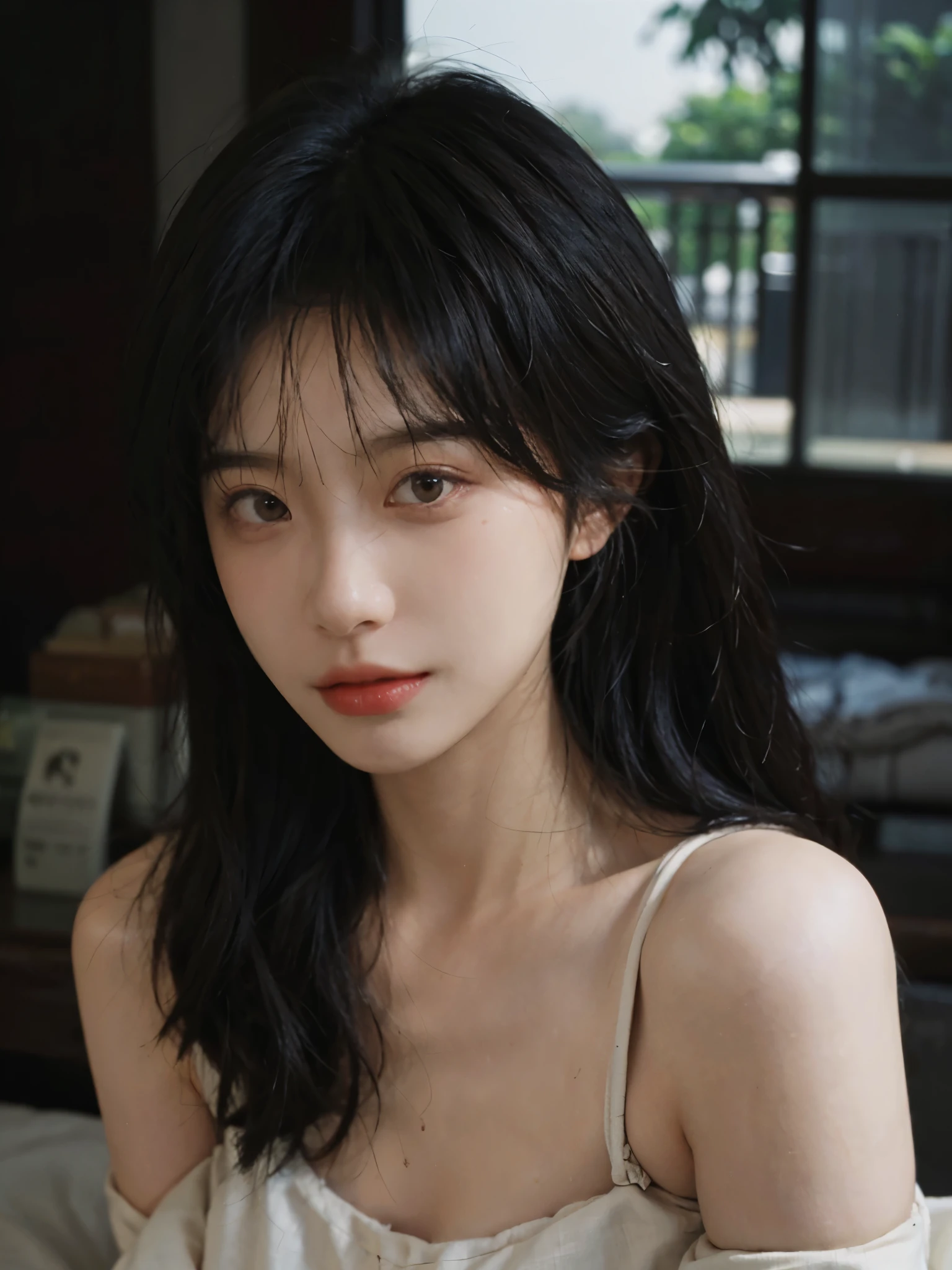 Film portrait photography, 1 girl, bare shoulders,lipstick， Shoulder length wavy hair, serene, calm, (Realistic and detailed eyes, natural skin texture, Realistic facial details), Soft dramatic lighting, depth of field, Bokeh, Vibrant details, detailed meticulous, hyper-realistic, 35mm film, hazy, ,