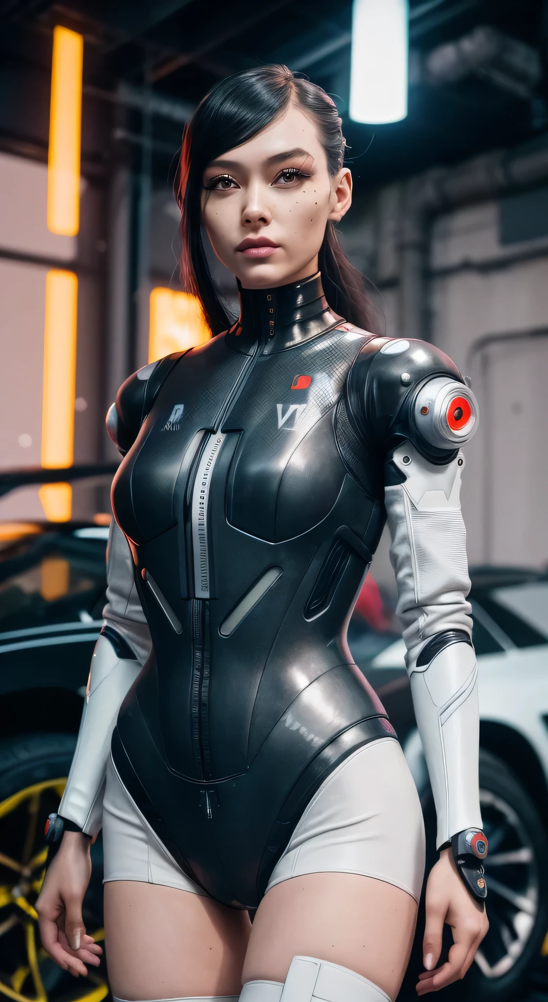 A woman in a bodysuit is standing in the garage, Cyberpunk 20 years. I'model girl, cyber suits, cyborg fashion model, beautiful cyberpunk female model, cyber suit, cyberpunk suit, cyber suit, Fashionable cyberpunk mechanoids, The perfect cyborg woman, perfect android girl, beautiful female android!, cyberpunk flame suit, sci fi android female, diverse cyber suits