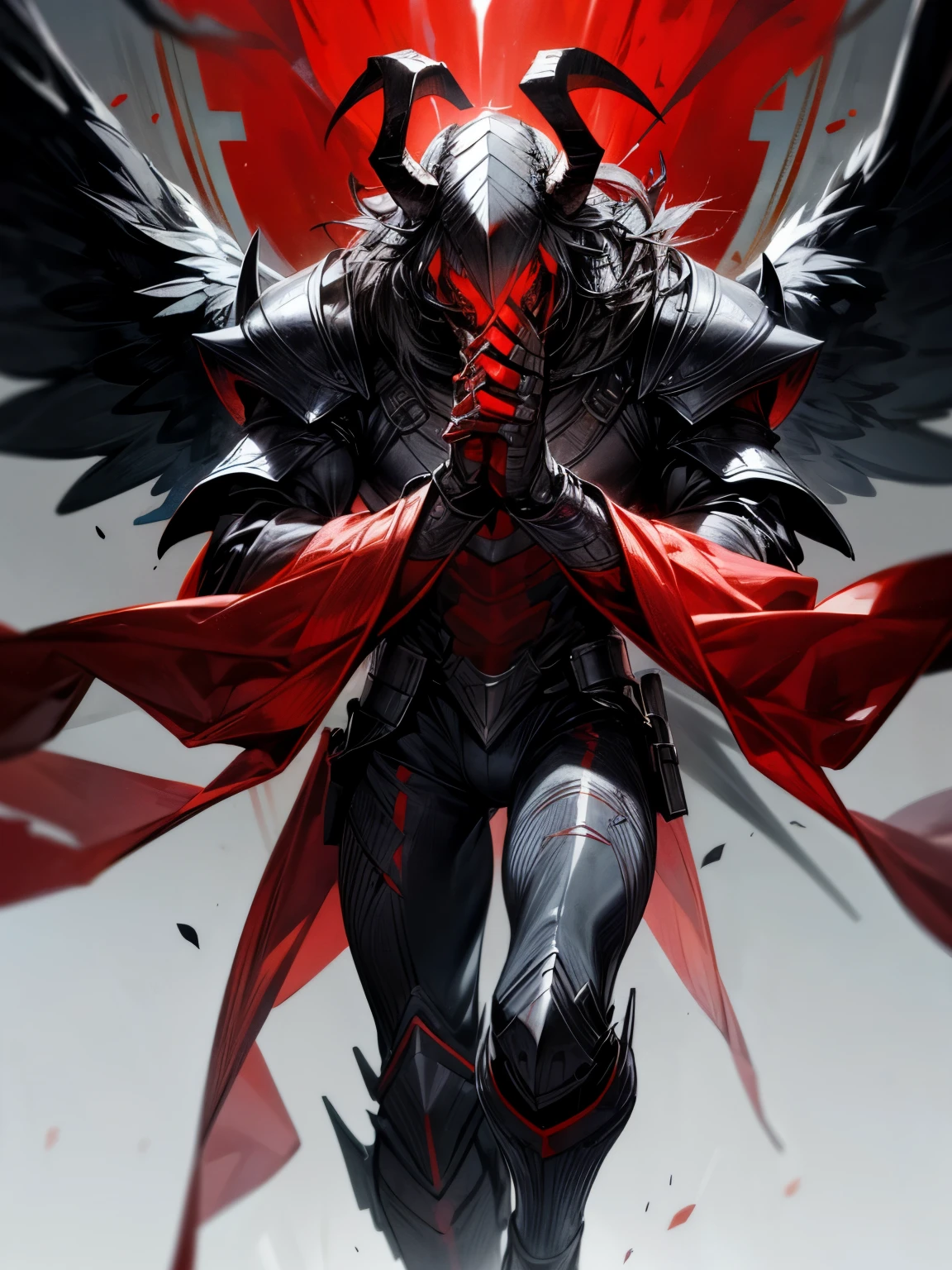 "Generate an image of a tall and muscular man wearing a fantastical armor made of metal plates. The skin is black, covered with red plates. He wears enormous gauntlets with claws and has a goat-like foot. The close-fitting helmet has red details, covering his face and allowing a flame-colored glow to escape through the eyes, with horns rising on the forehead. On his back, there are two pairs of black wings, similar to those of a fallen angel."